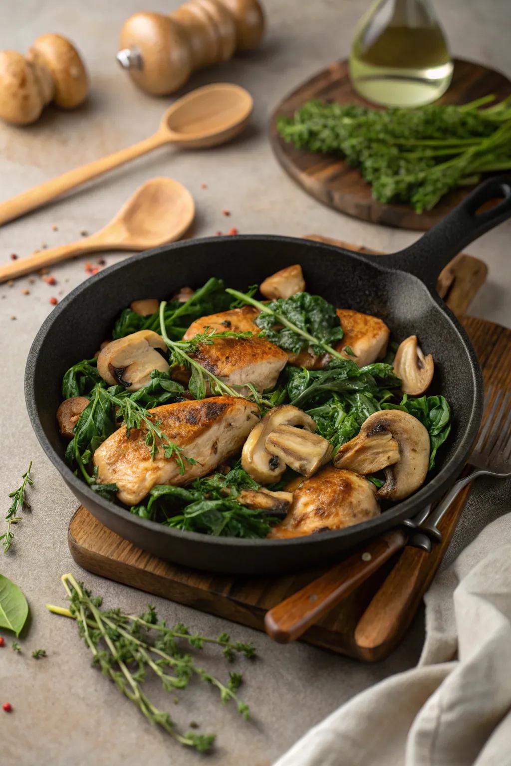 Poultry, greens, and fungi skillet, a hearty meal.
