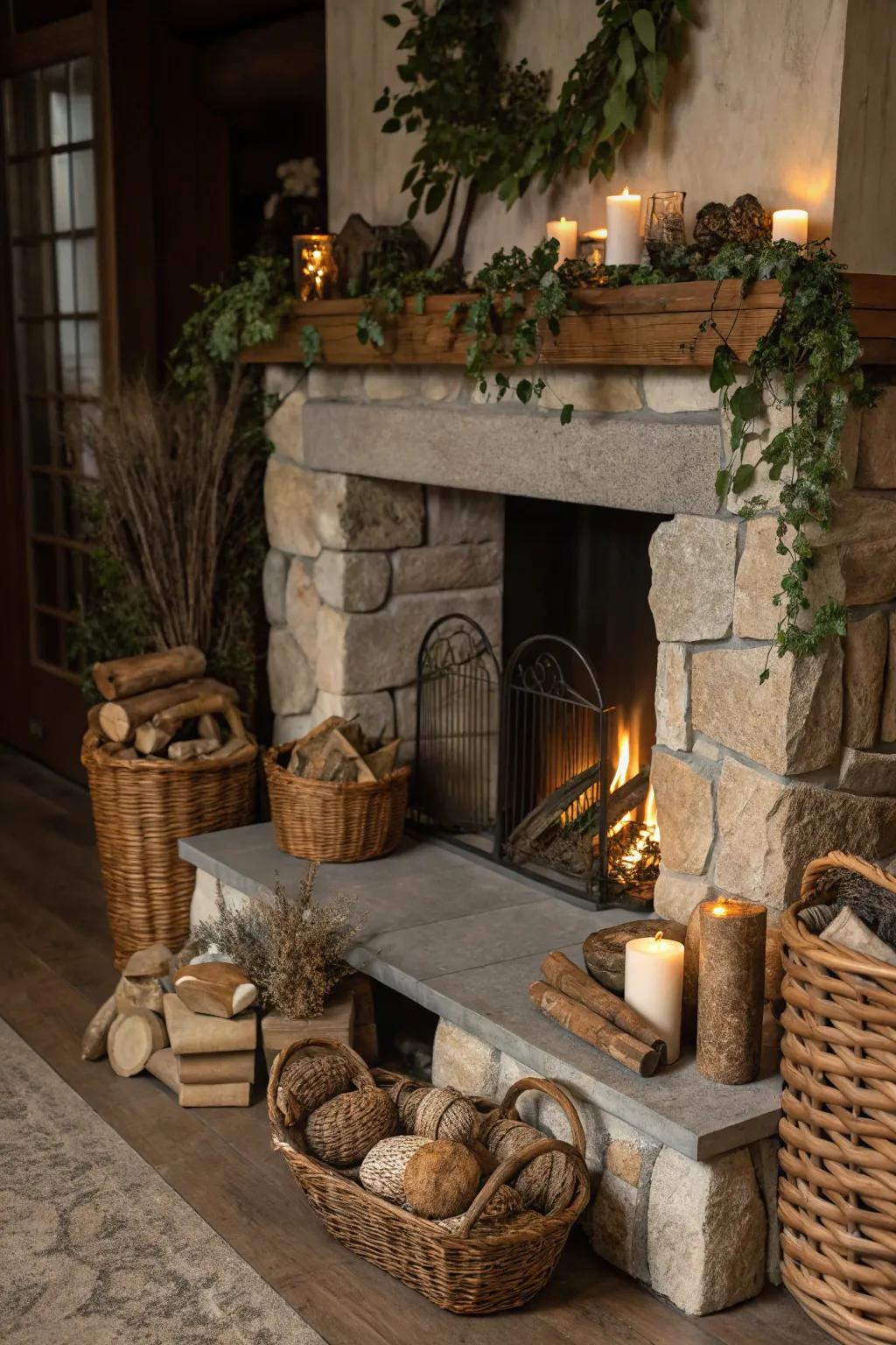 Natural elements presented around the fireplace evoke a comforting, countryside appeal.