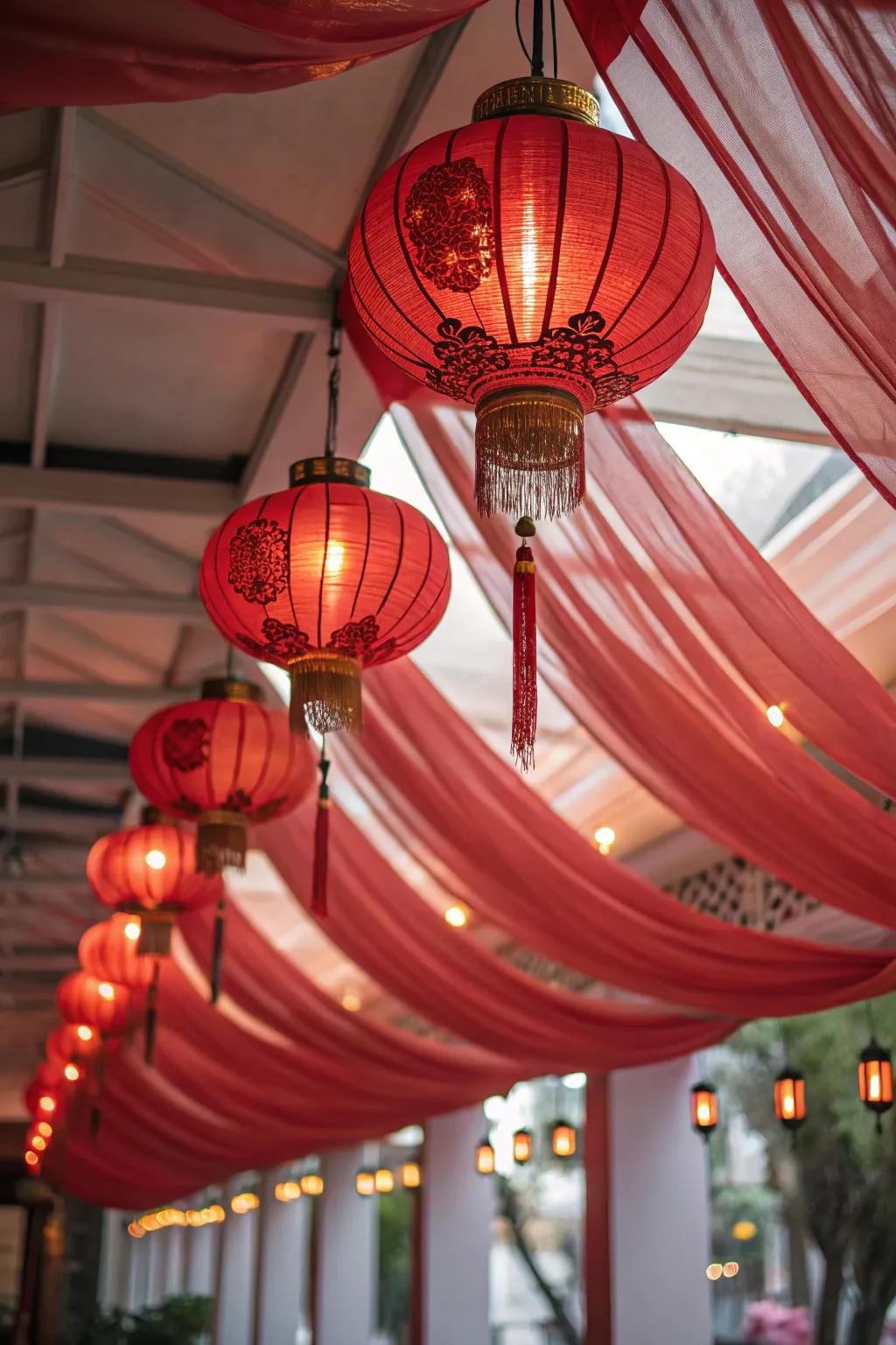 A ceiling adorned with captivating suspended ornamentation.