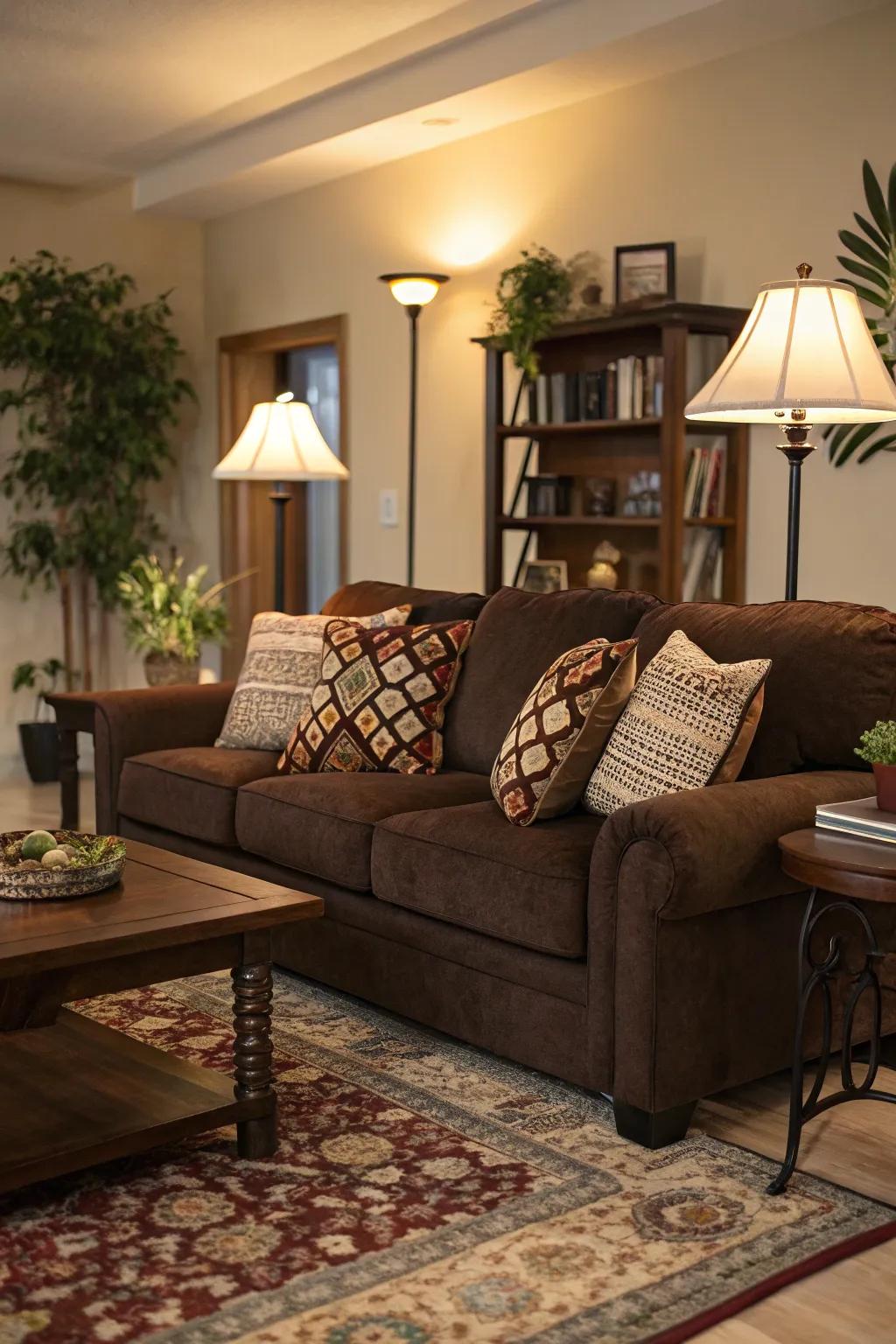 Ambient lighting enhances the cozy atmosphere of a cocoa sofa setting.