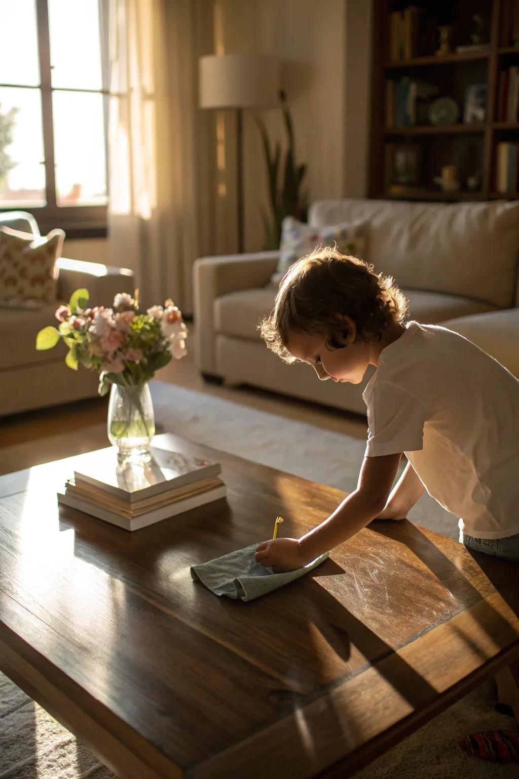 A child dusts a coffee table, contributing to a neat and tidy home.