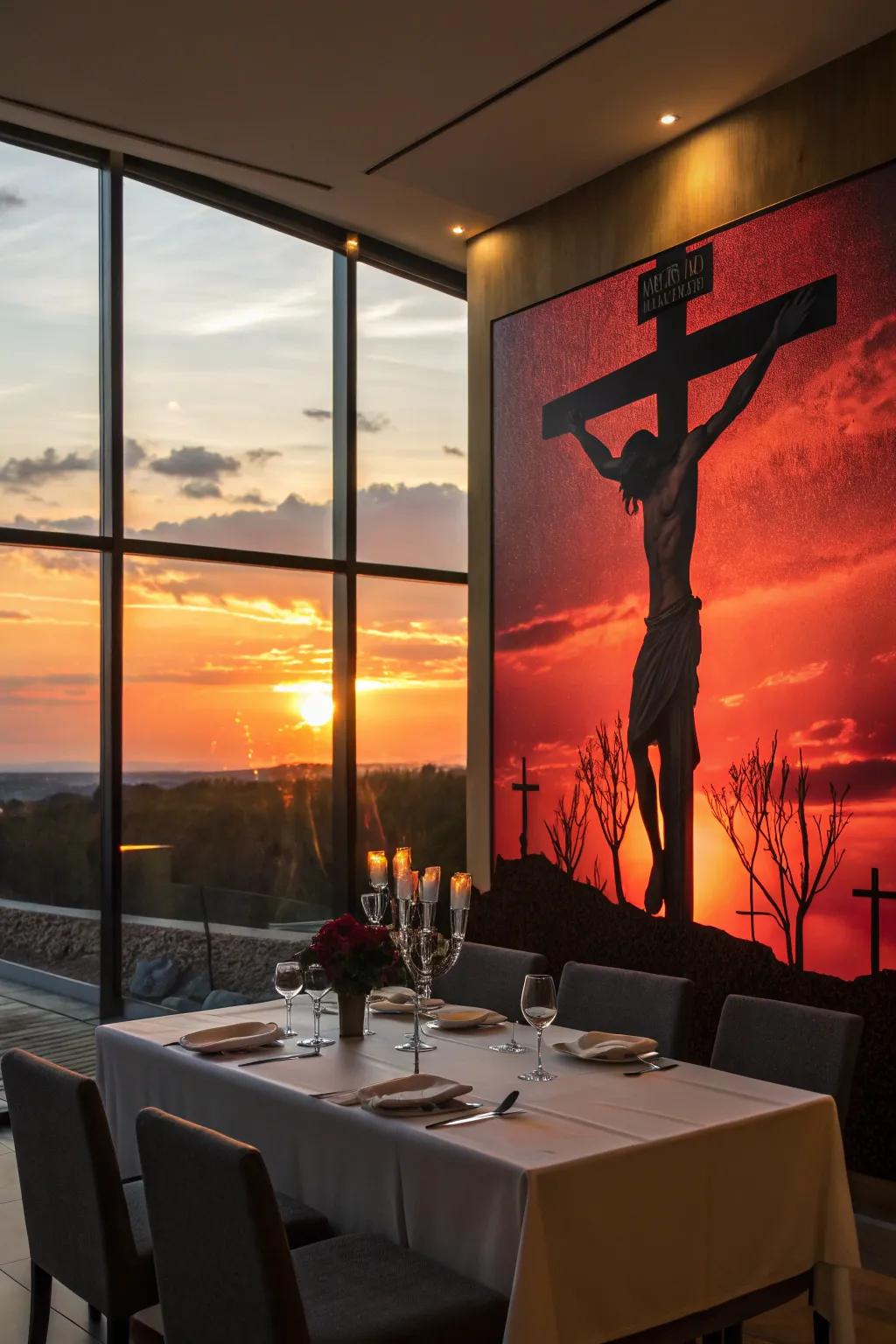 A crucifixion silhouette art piece creates a striking and contemplative atmosphere.