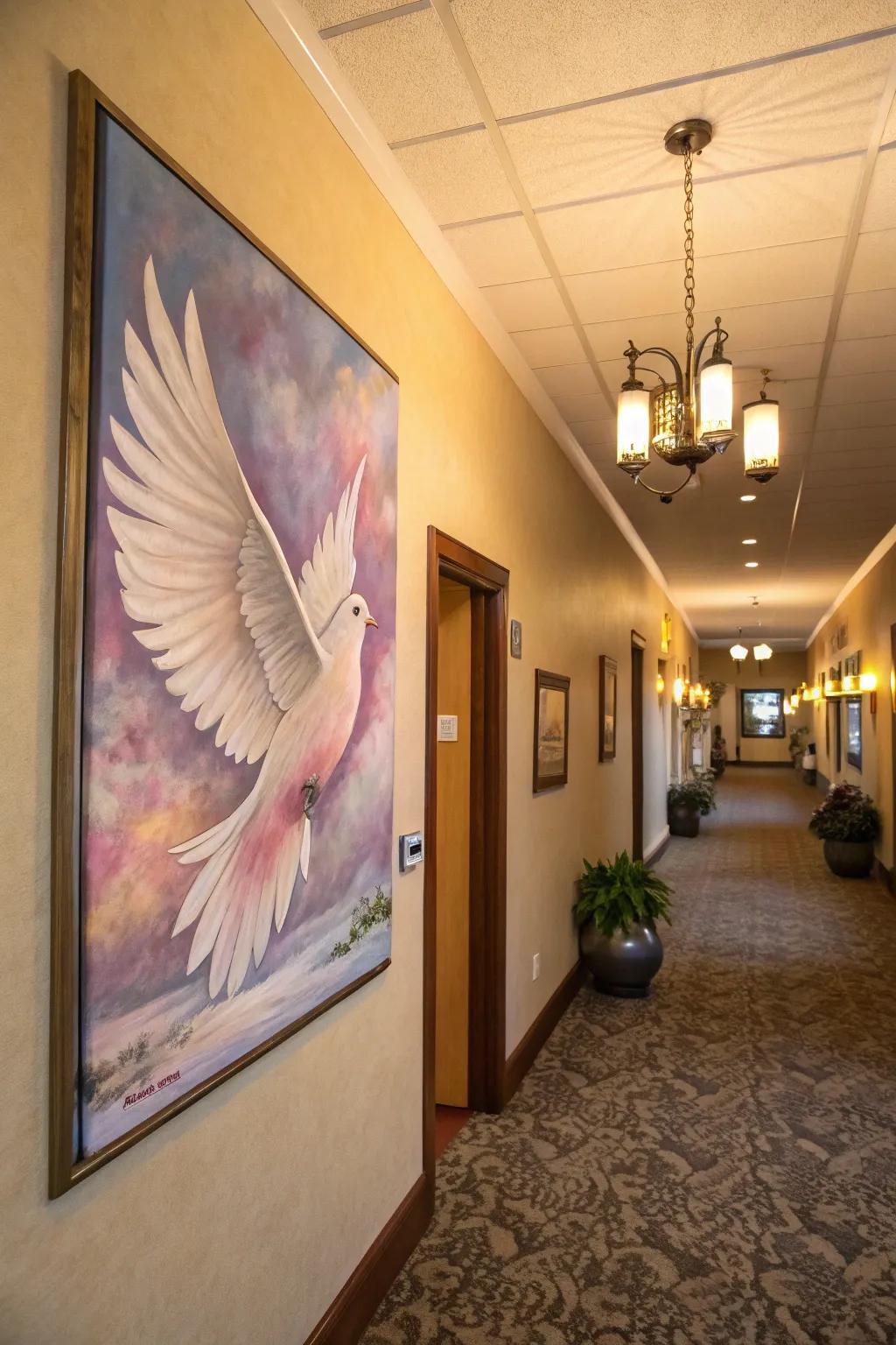 A dove painting introduces a tranquil aura to any entrance.
