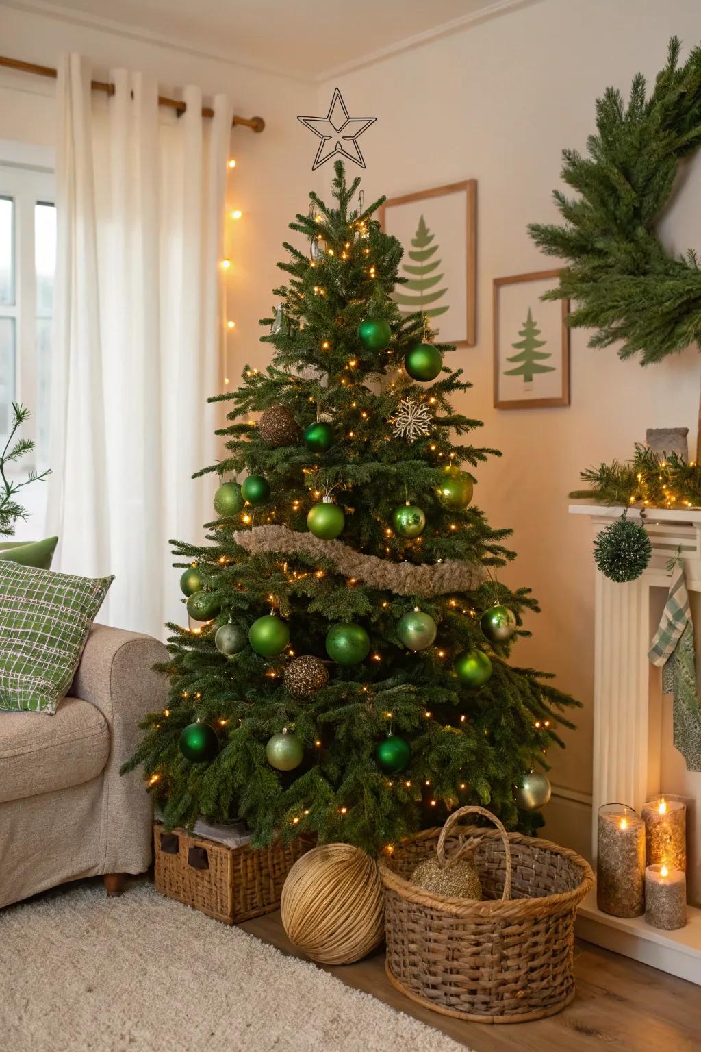 A nature-inspired Christmas sphere tree featuring rich greenery and natural accents.