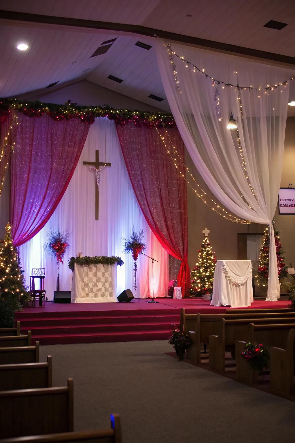 A festively decorated stage ready for Christmas performances.