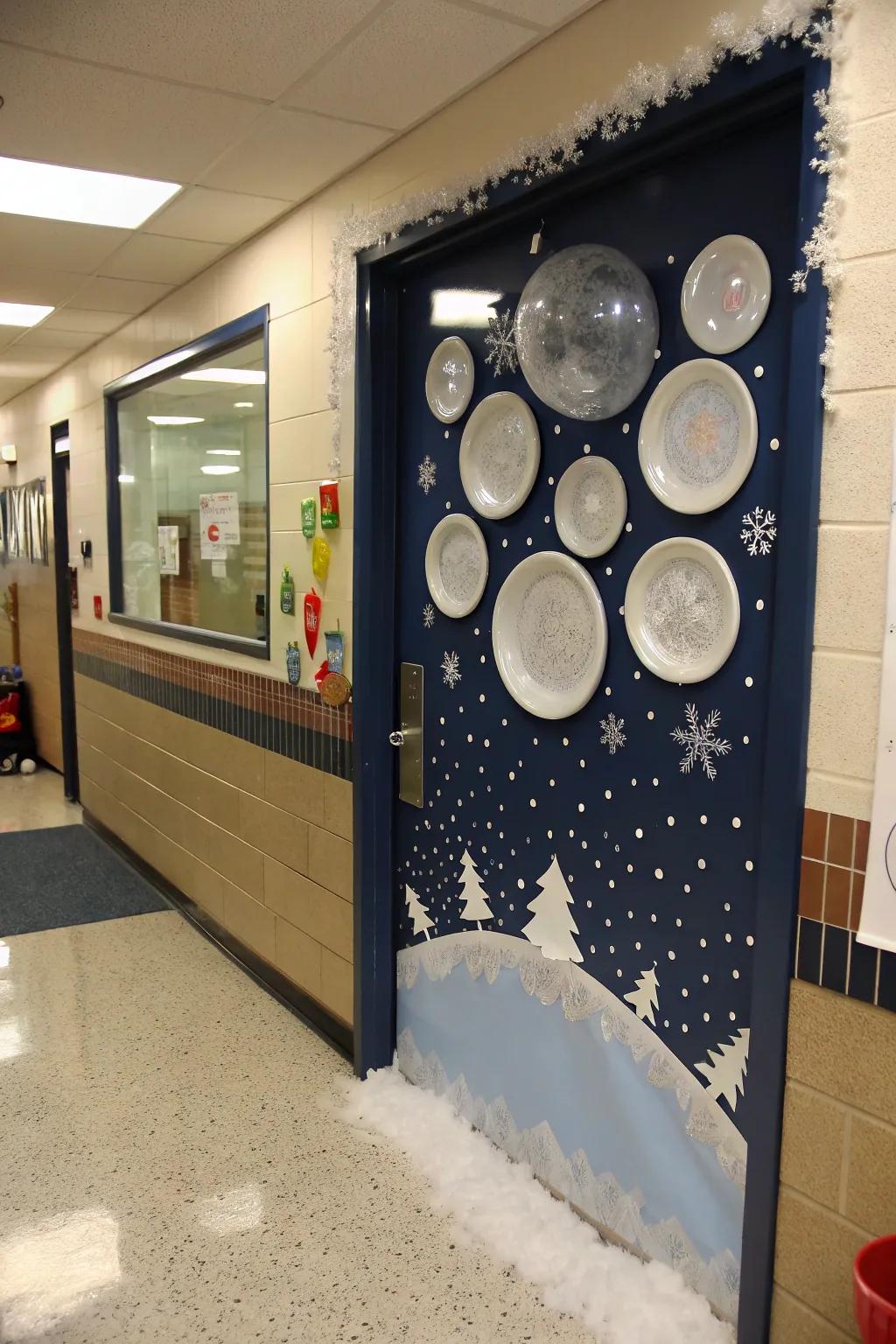 A 3D snow globe introduces dimension to this holiday door.