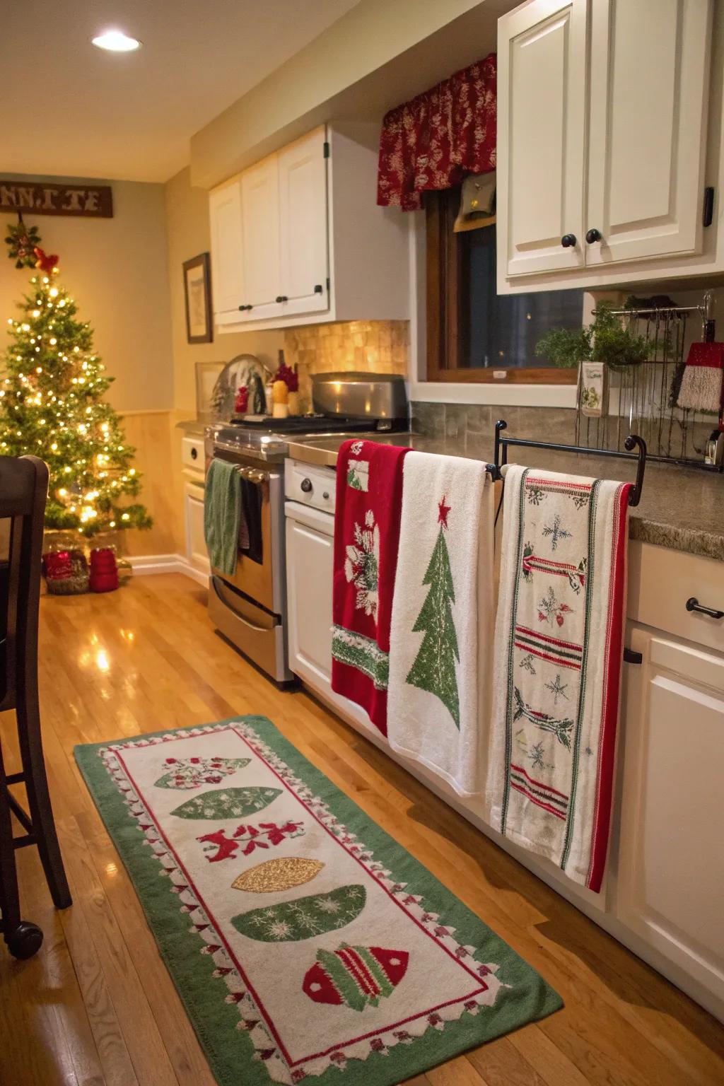 Seasonal textiles bring a festive feel to the kitchen.