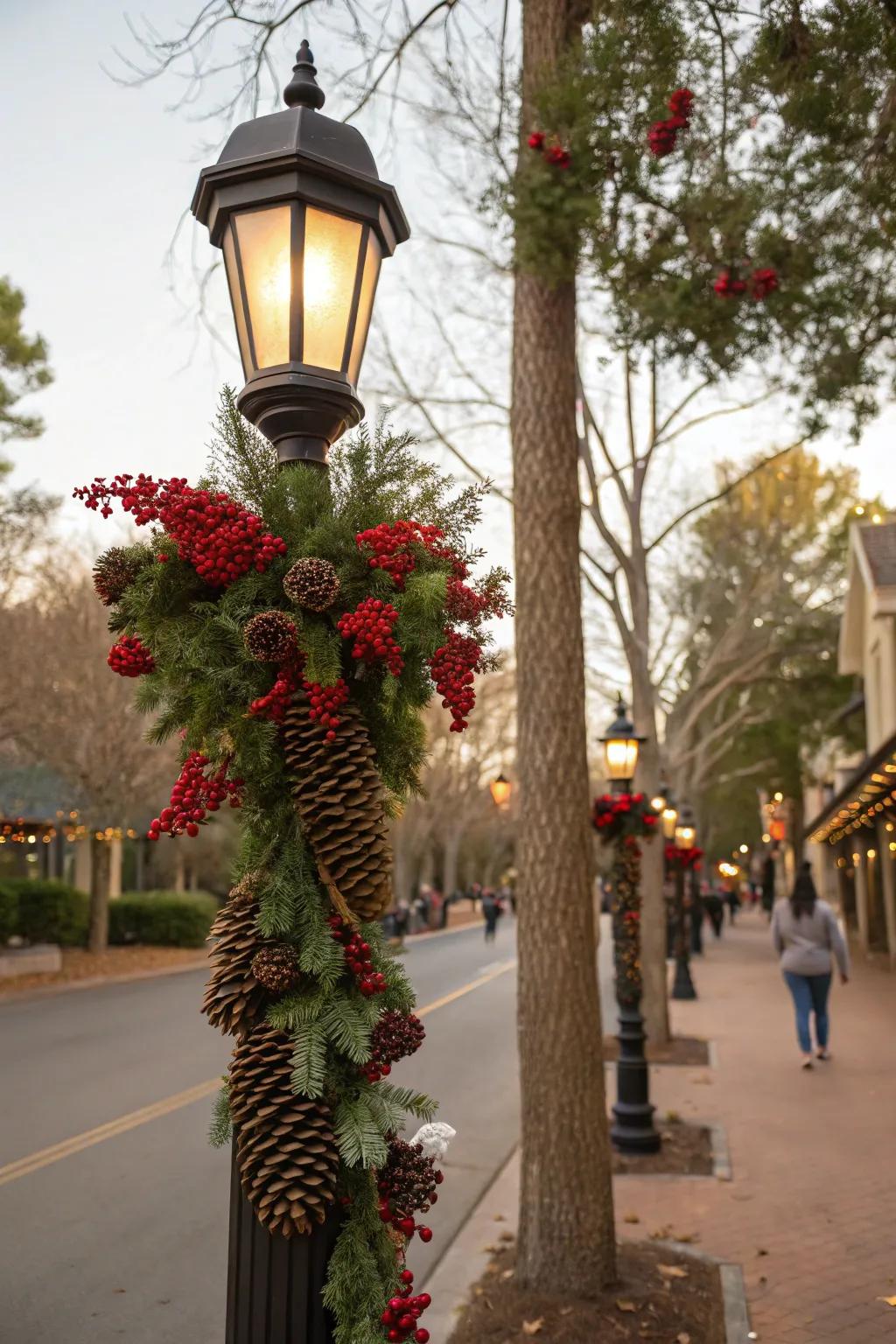 Floral accents bring a merry aspect to a lamp post decoration.