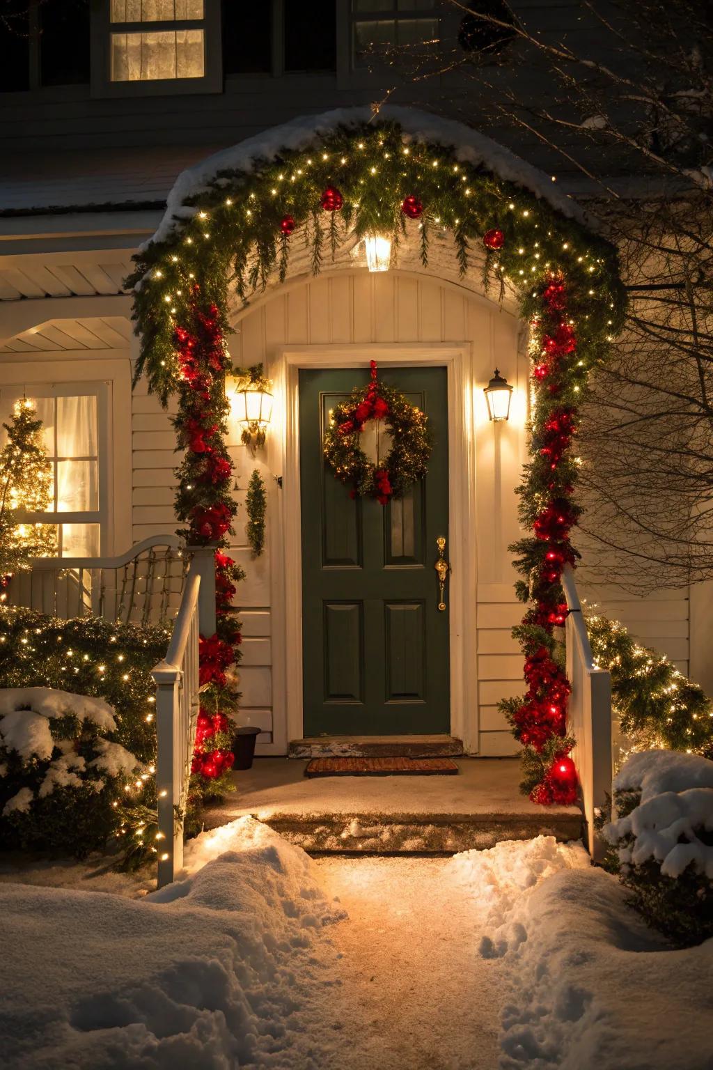 An inviting entrance adorned with holiday lights and garlands.