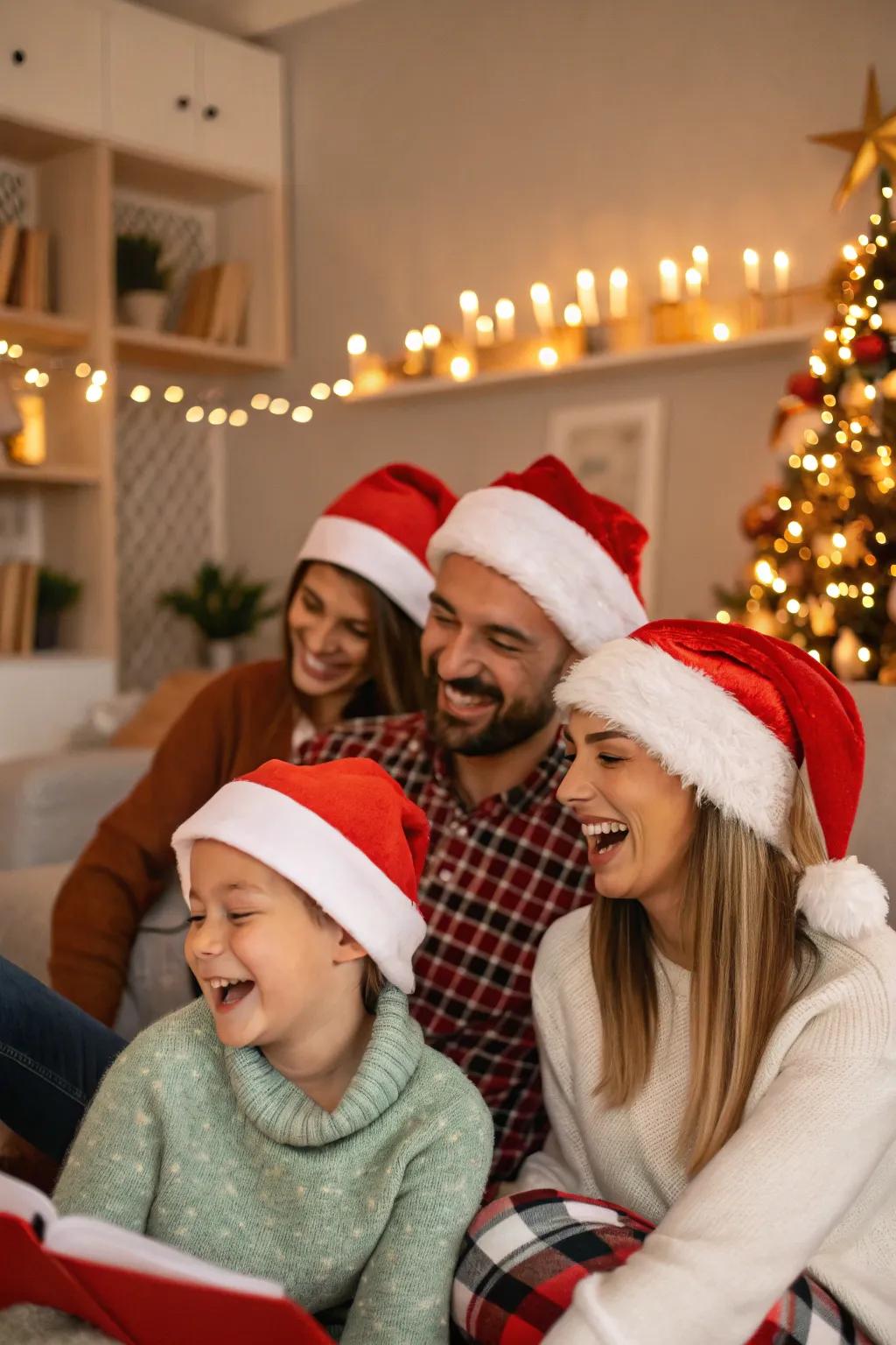 A family reveling in a playful moment donning Santa caps, injecting an amusing twist into holiday photos.