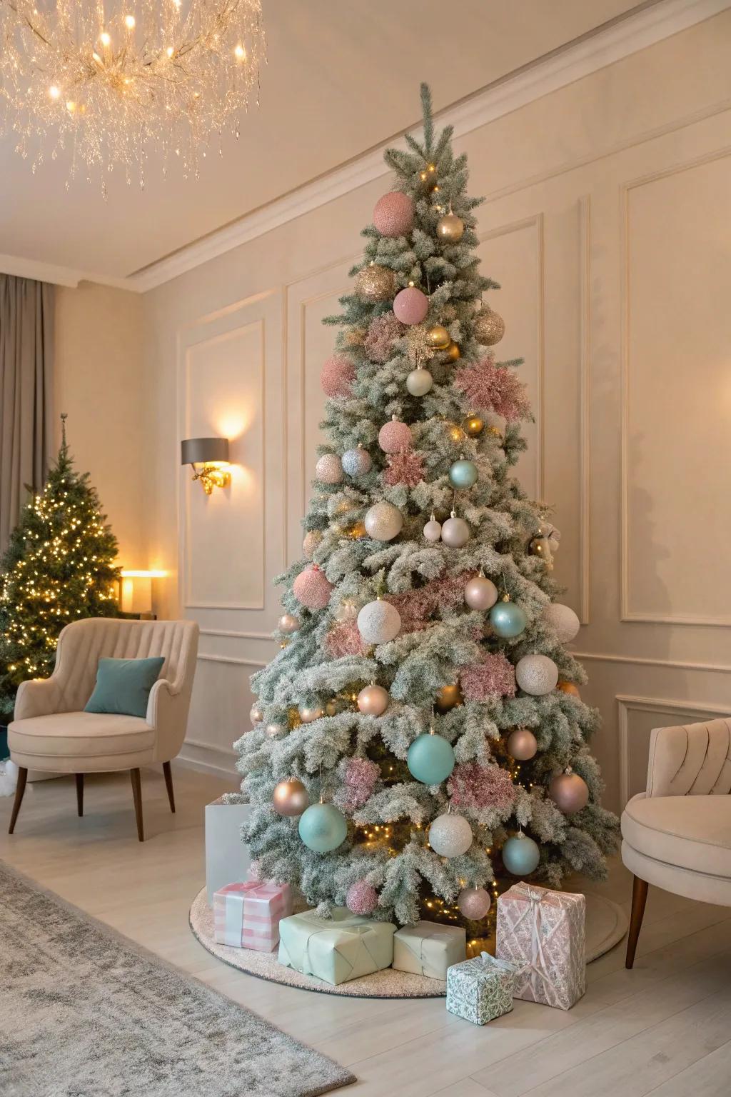 Pastel hues create a soft and elegant Christmas tree theme.