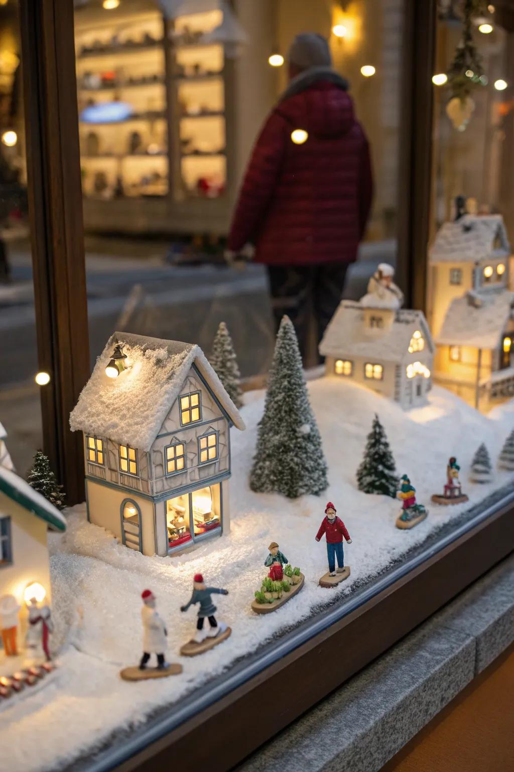 A miniature celebratory hamlet crafts a captivating window scene.