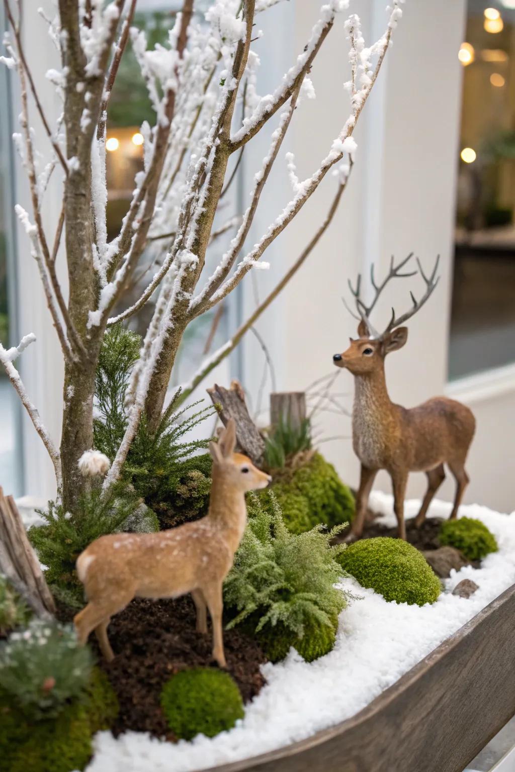 A serene winter faunal preserve featuring cervids and snow-laden boughs.