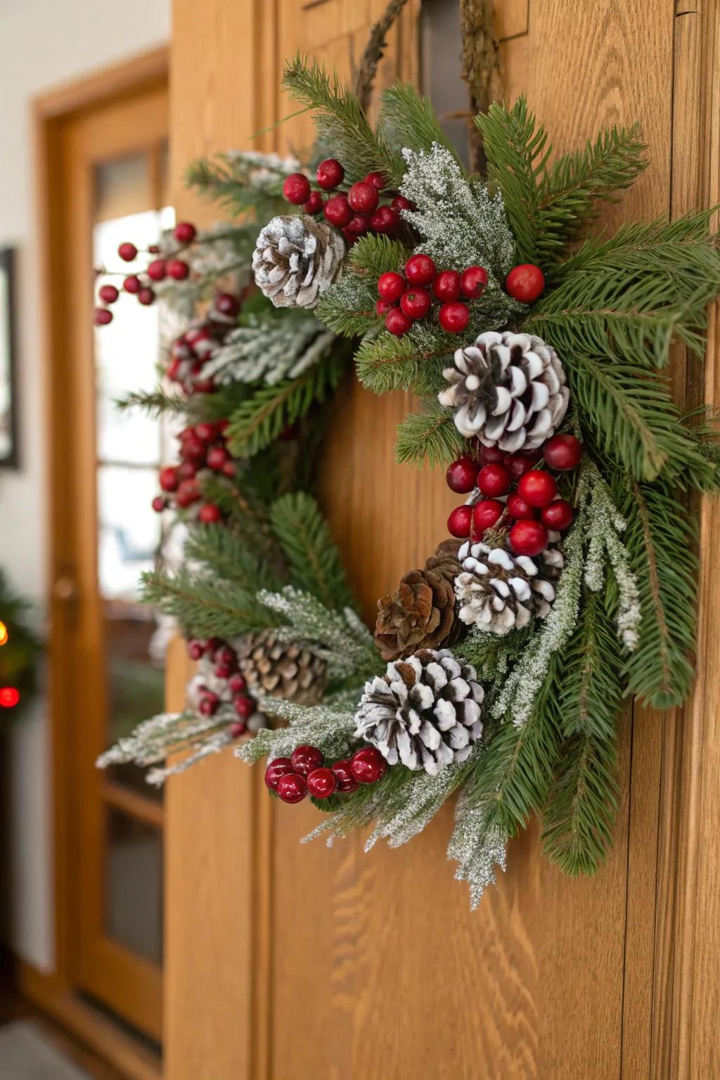 A nature-inspired wreath bursting with cranberries and frosted pinecones.