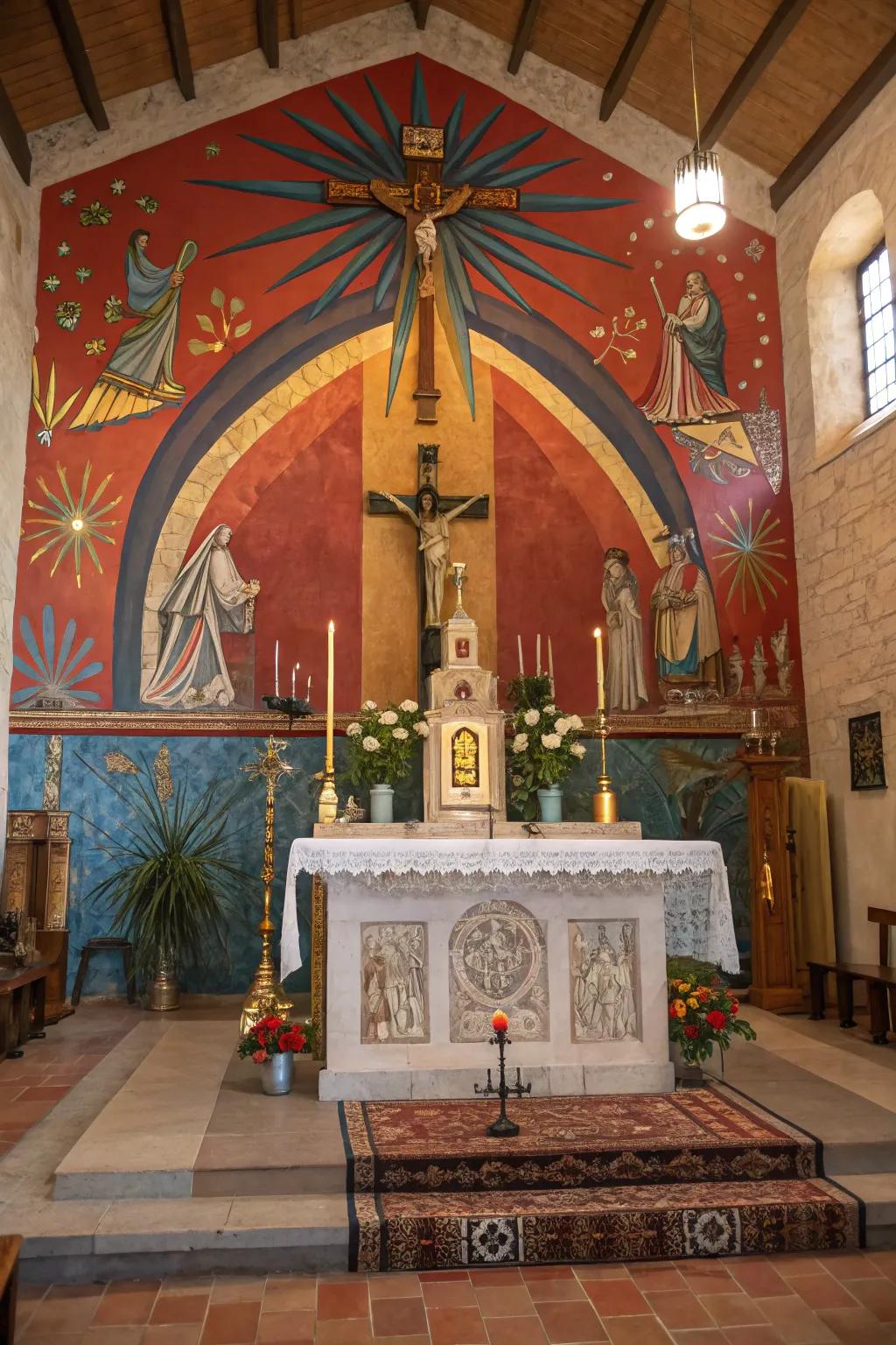 An altar with a vibrant wall mural depicting scenes of hope and renewal.