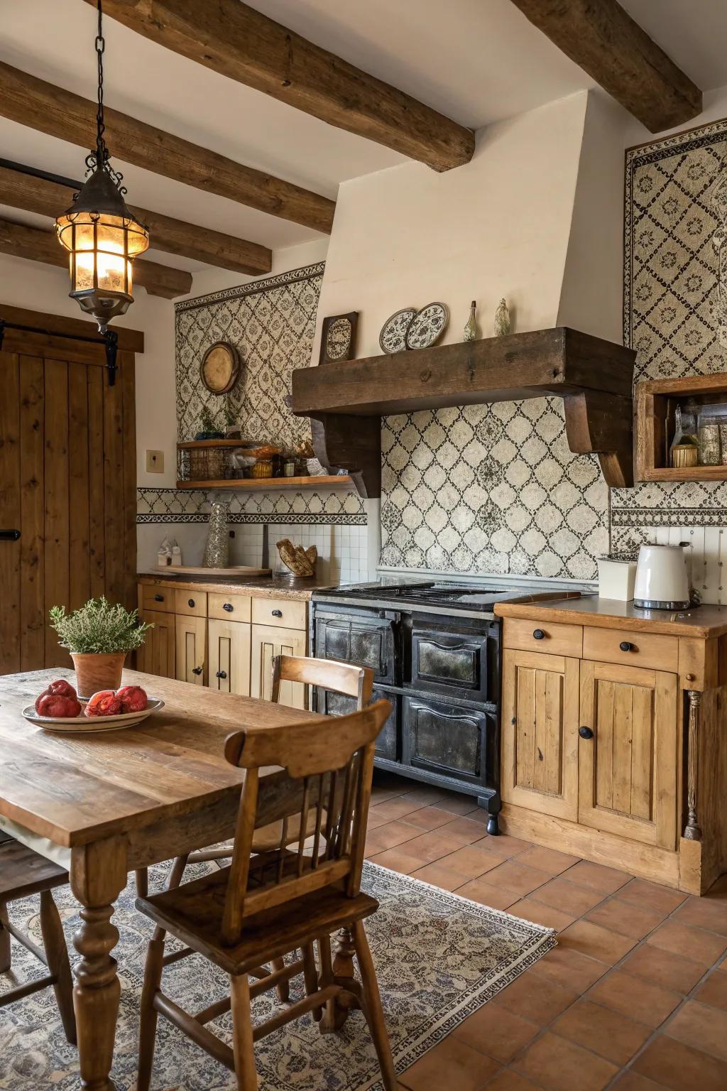 Homestead elements add coziness to this traditional kitchen layout.