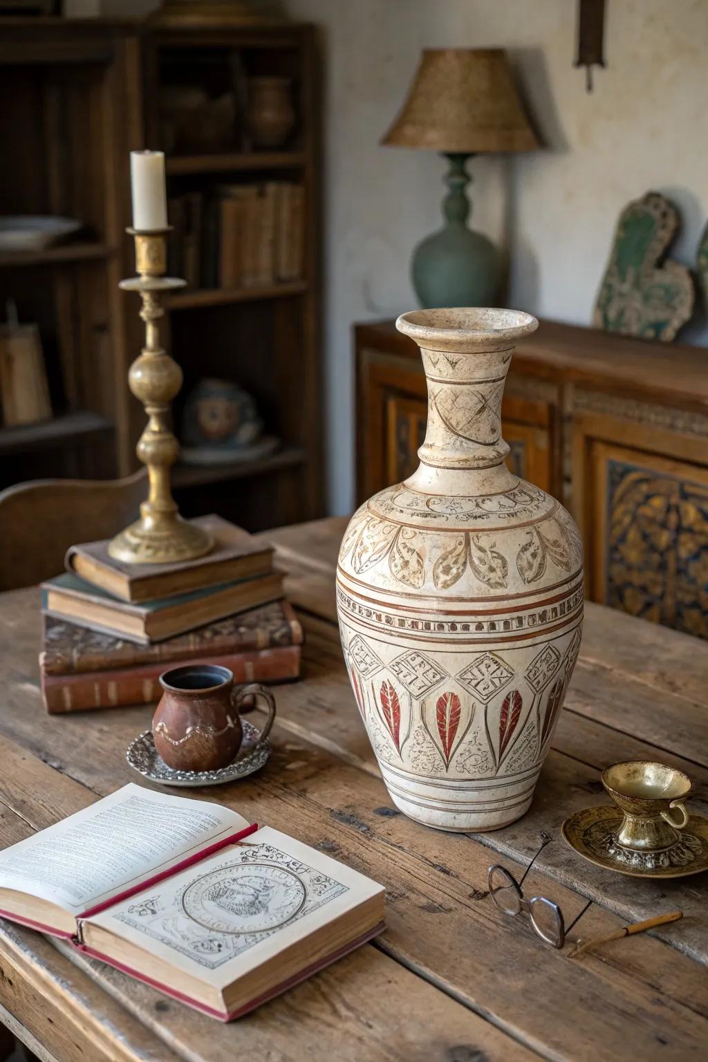An matured dirt pot adding vintage appeal to a rural setting.