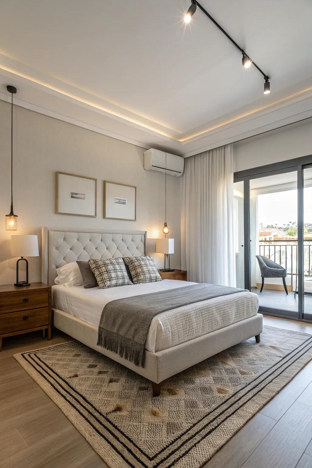 Useful furnishings keep this bedroom organized and stylish.