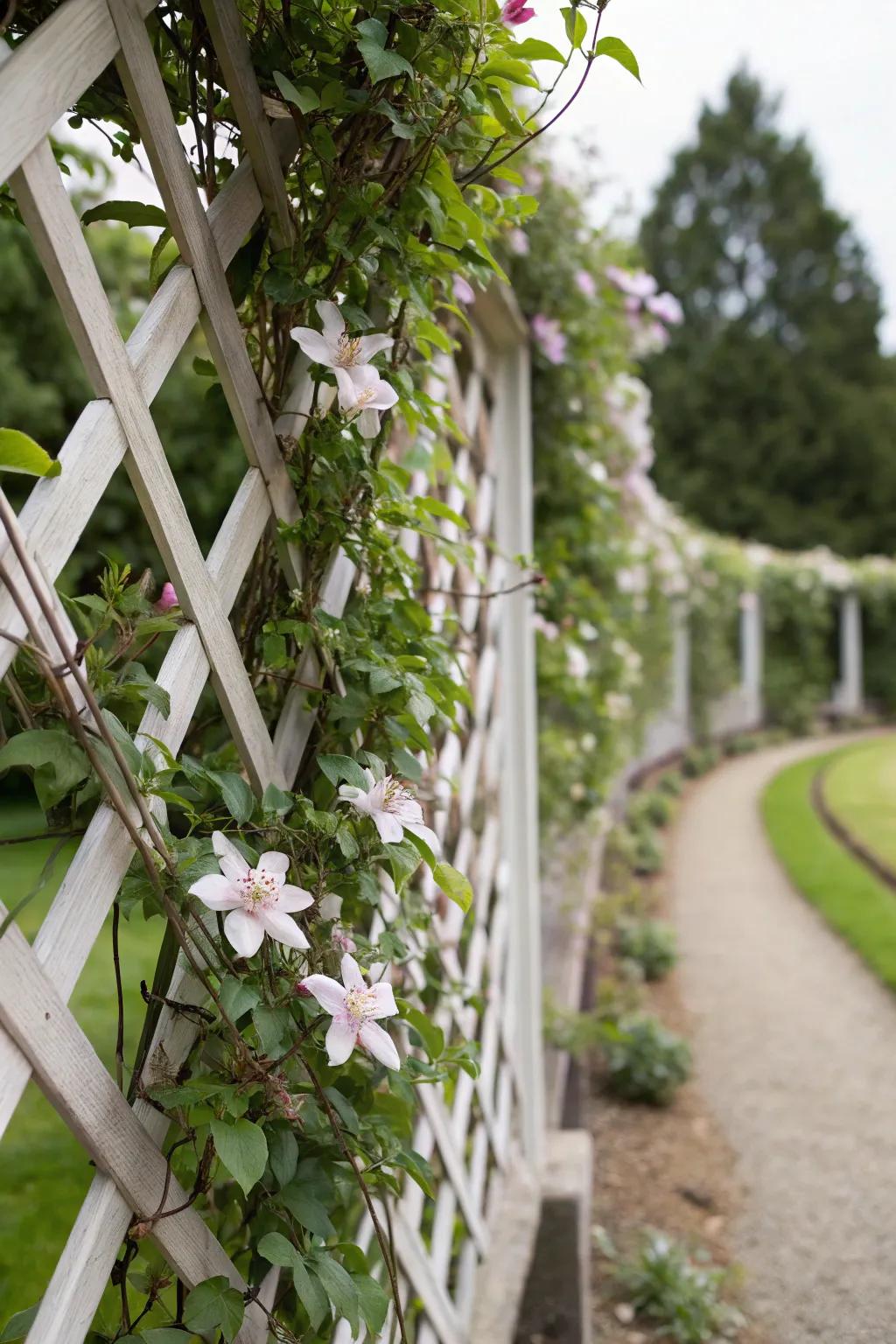 Espaliered clematis forms intricate patterns on a structured trellis.