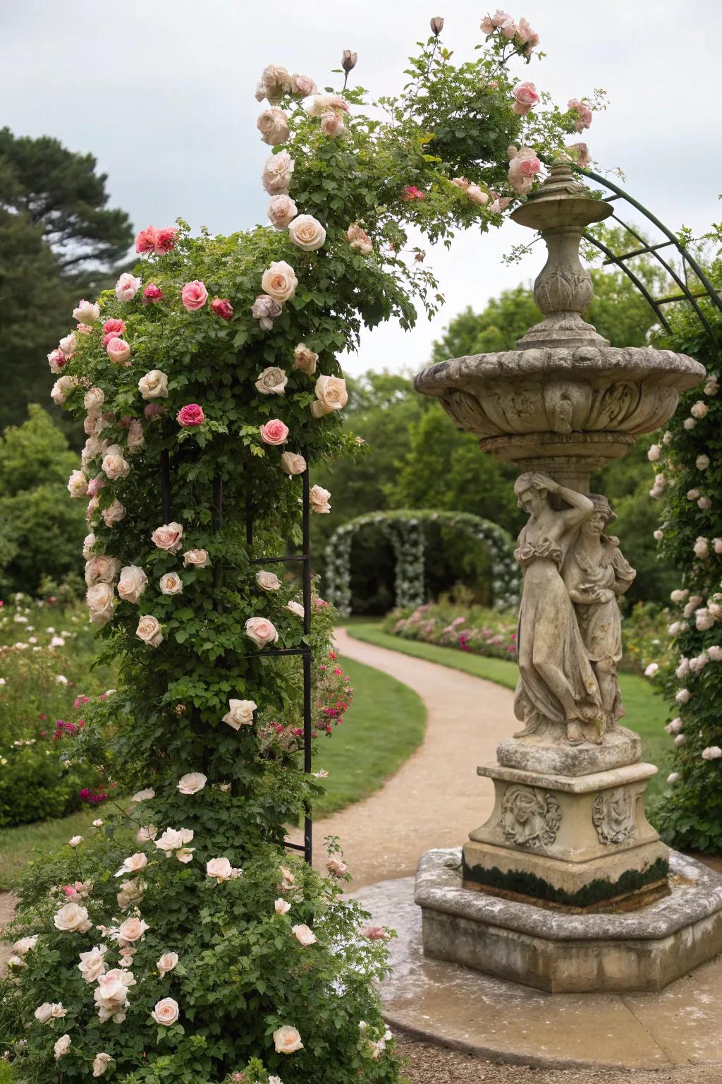 Fuse art and nature with roses around garden sculptures.