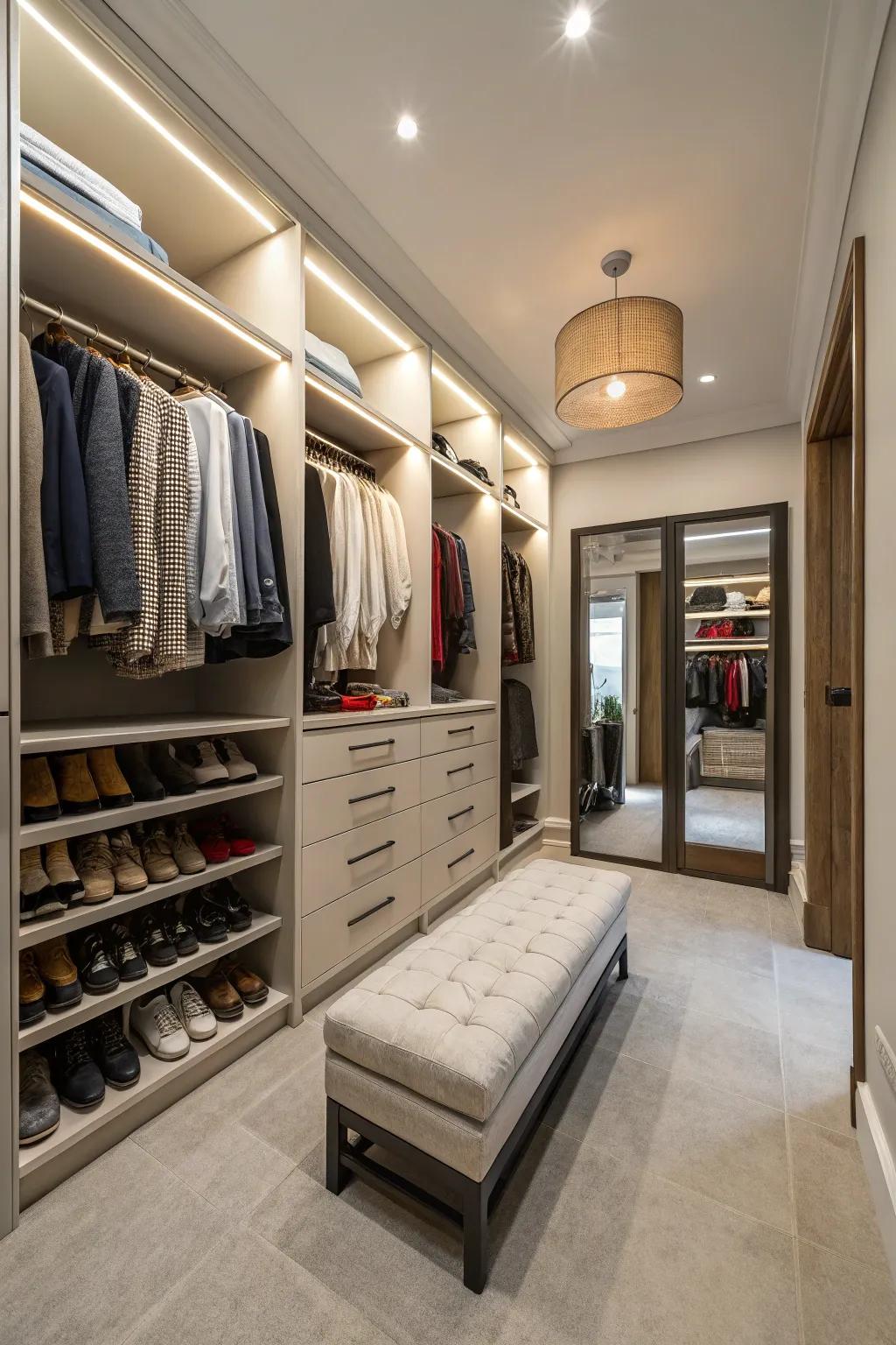 A walk-in closet provides ample space for both storage and fashion.
