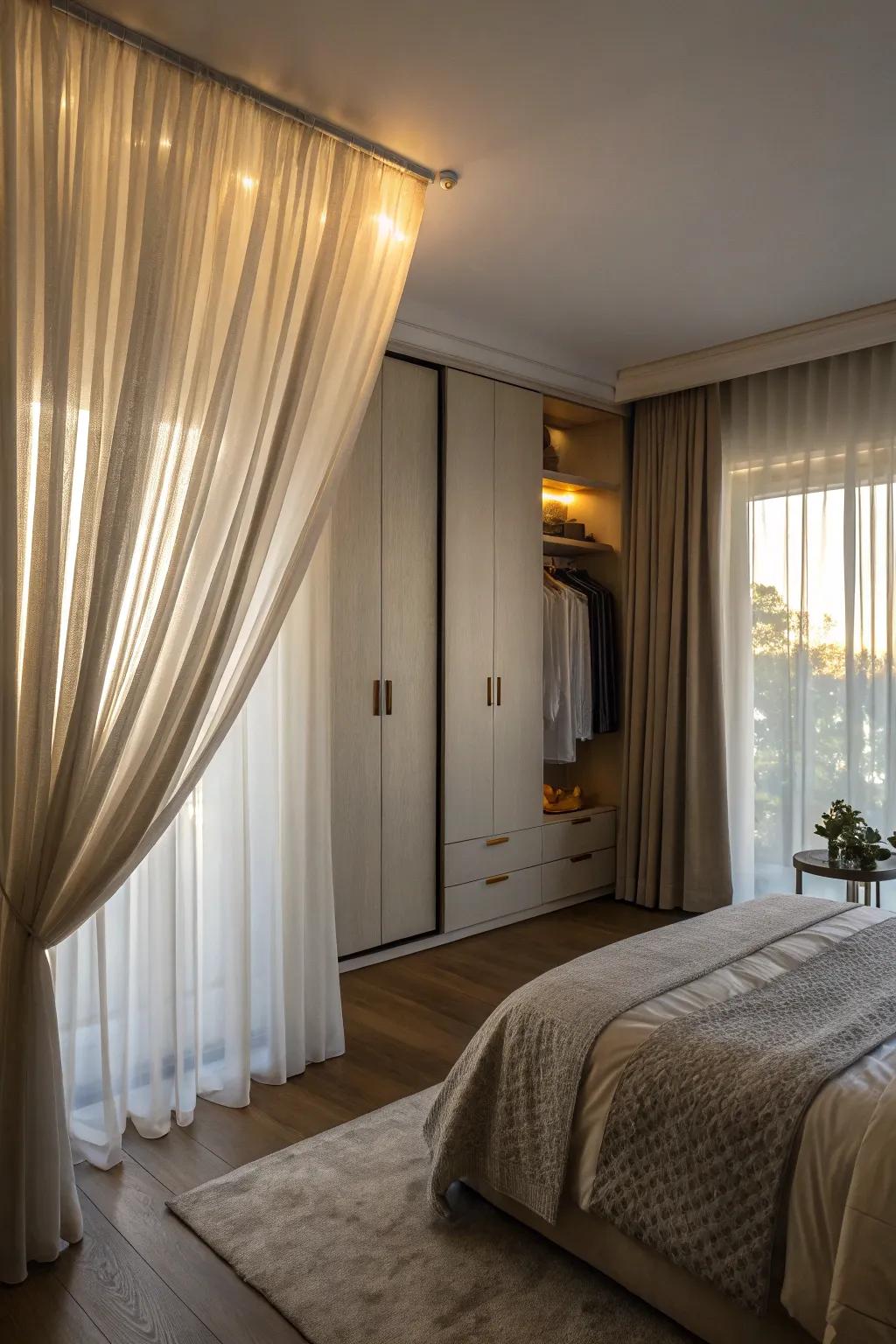 Drape partitions provide a flexible, softer feel compared to traditional doors.