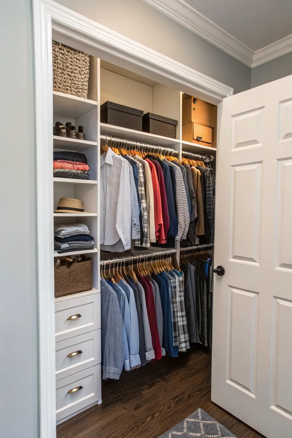 Corner rods maximize every inch of closet space efficiently.