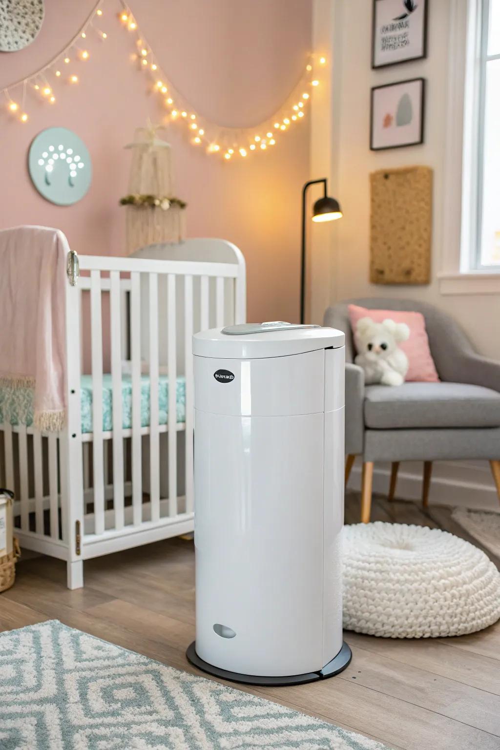 A modern diaper bin with a carbon filter makes sure of great odor management in a stylish setting.