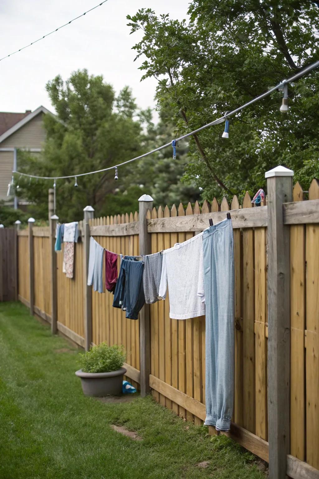 Utilize your fence for an area-conserving clothesline remedy.