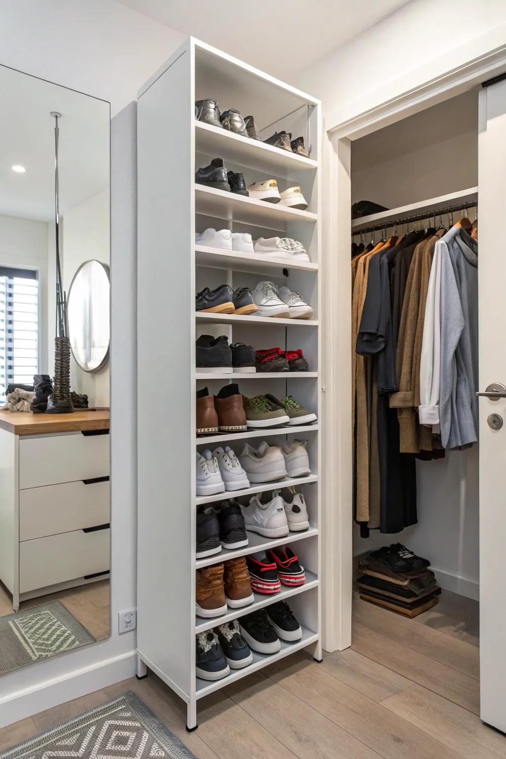 Compact shoe racks are essential for keeping footwear organized.