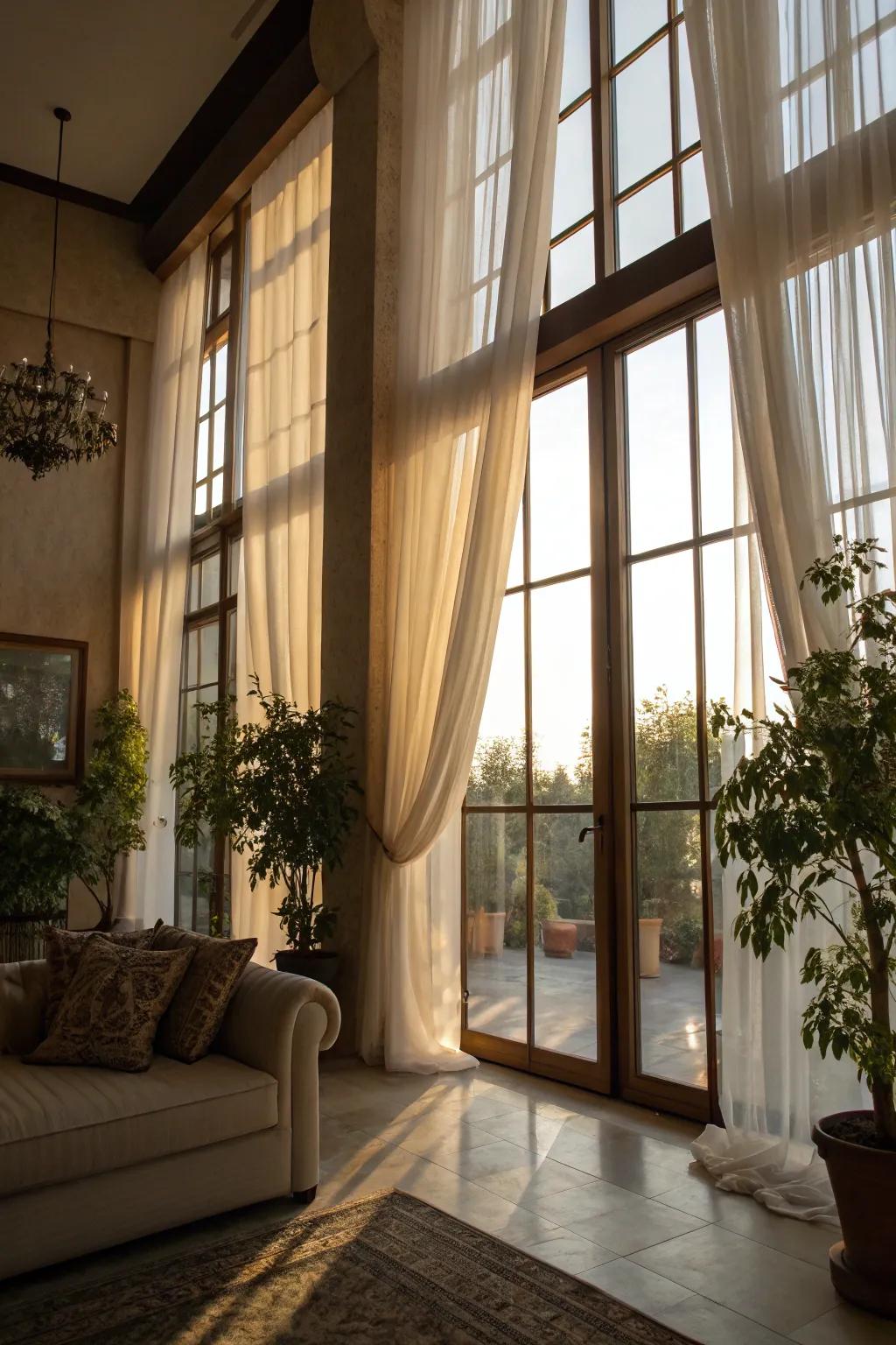 A bright area with airy curtains that maximize sunlight.