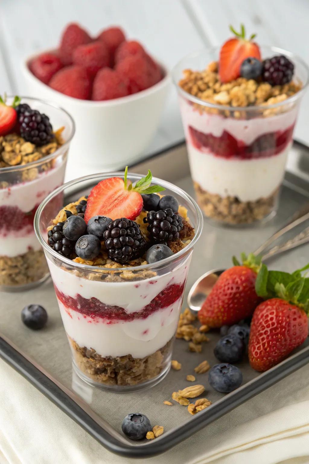 Vibrant tiered dessert cups for a sweet coffee hour treat.