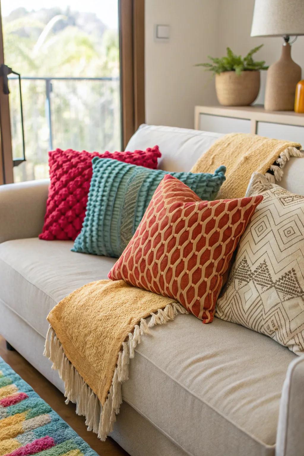 A collection of vibrant and textured throw pillows on a modern couch.