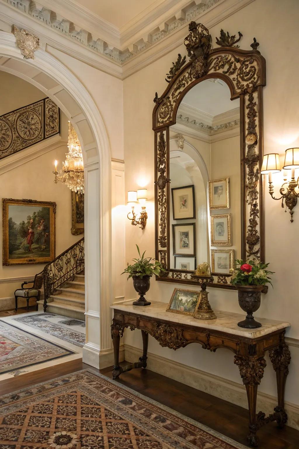 Fancy mirrors and traditional art reflect light in this colonial entryway.