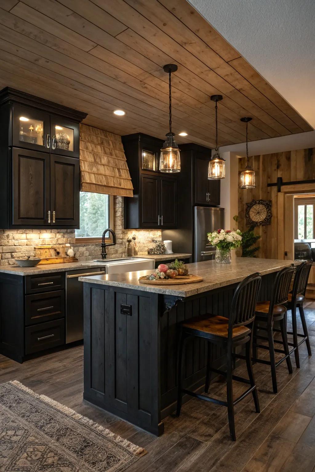 Dark cabinets paired with country wood textures offer a warm and inviting kitchen area.