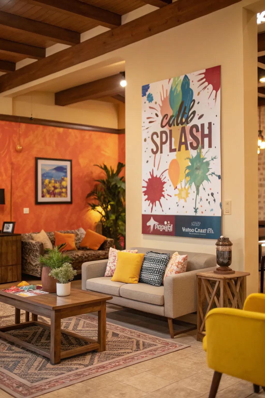 Paint burst design poster energizing a living area.