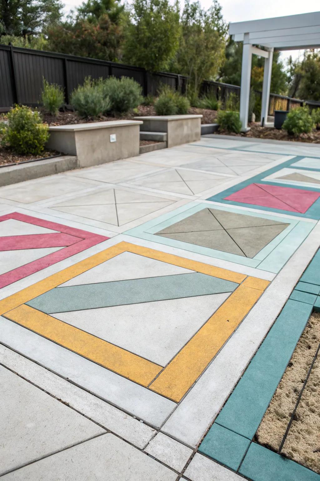 Geometric borders enhance modern patio designs with precision.