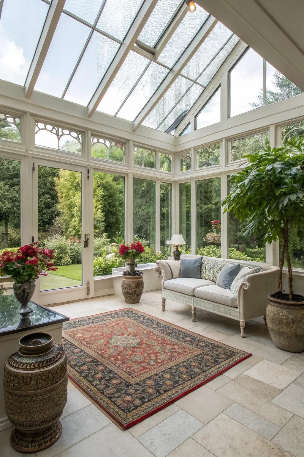 A sunroom displaying a harmonious combination of new and vintage styles.