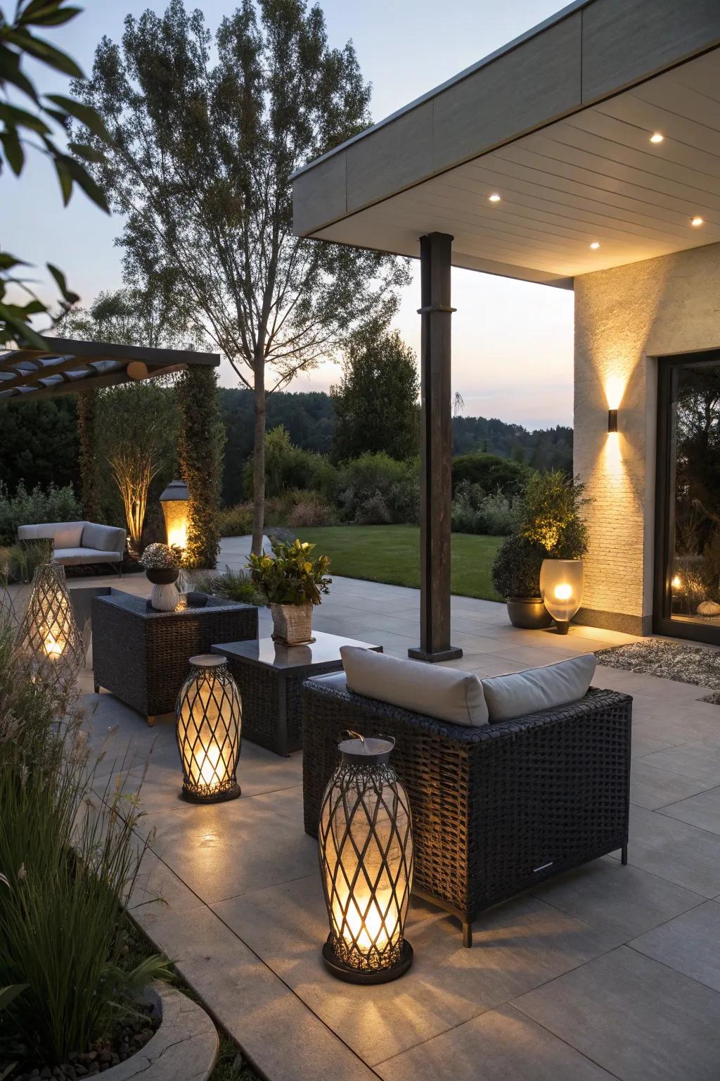 Innovative lighting creating a warm and inviting patio ambiance.