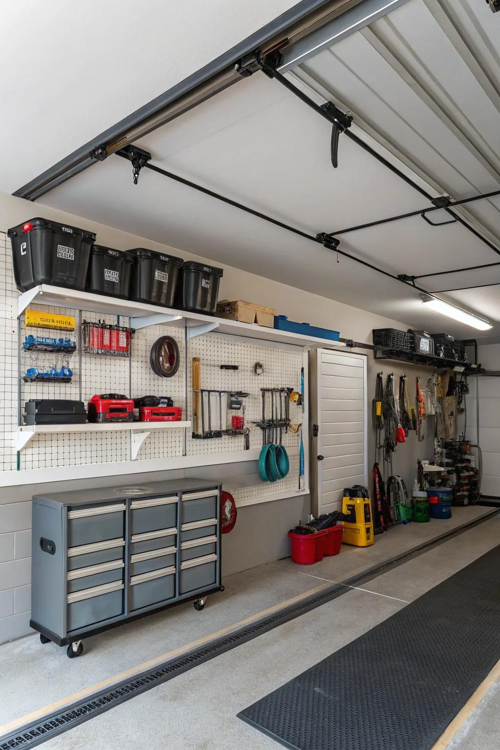 A garage with efficient storage solutions, featuring wall-mounted shelves and ceiling racks.