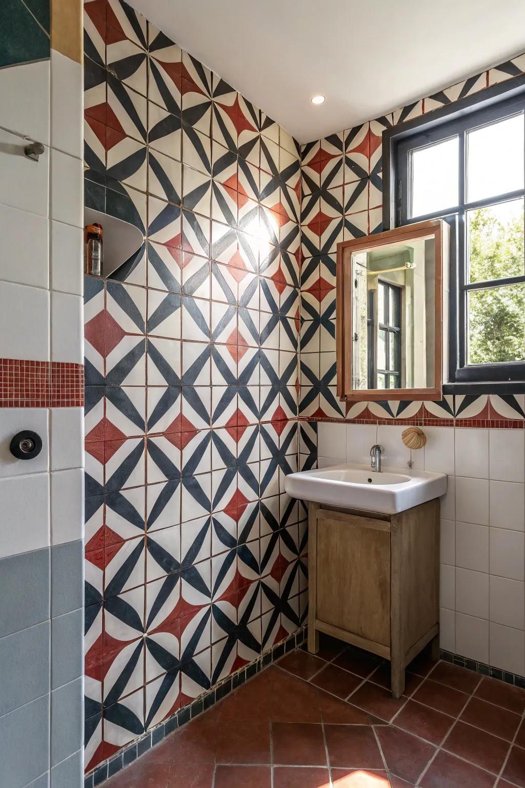 Innovative tile patterns add character to bathroom corners.