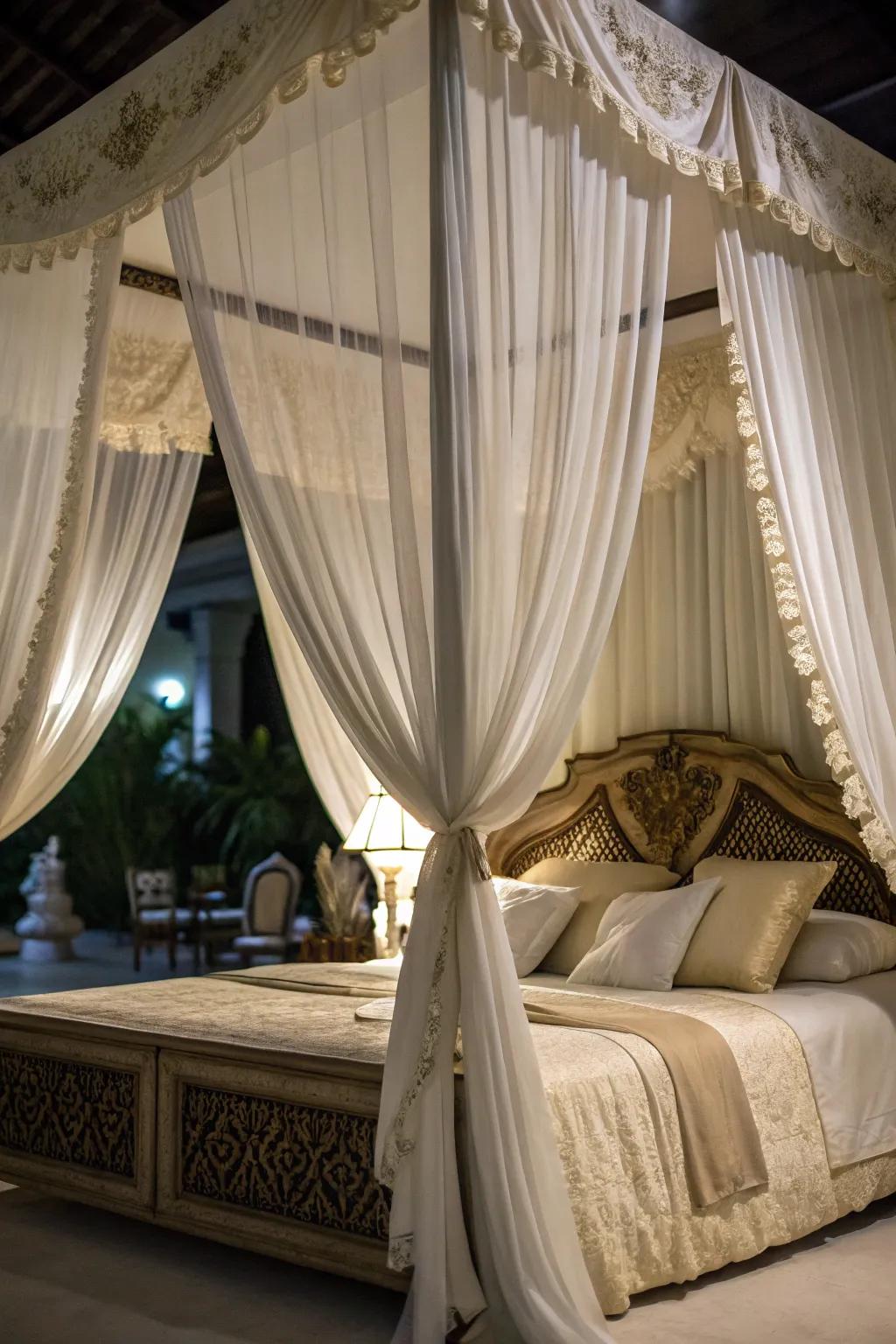 A canopy provides drama and intimacy to a corner bed.
