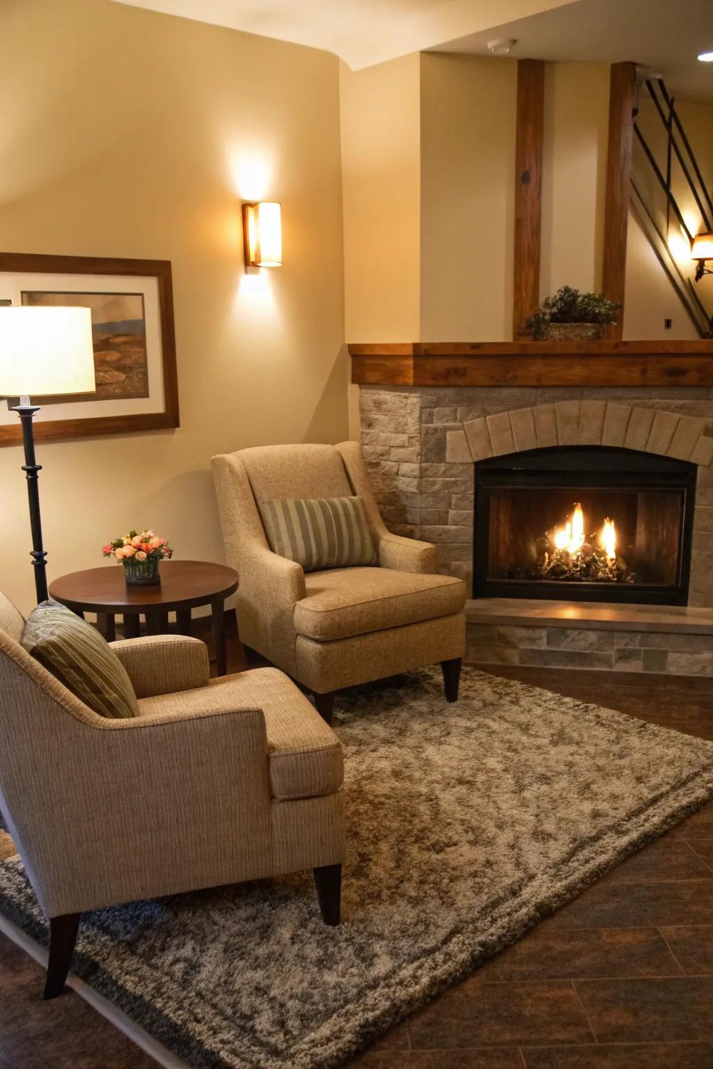 A comfortable seating arrangement designed around a corner fireplace.