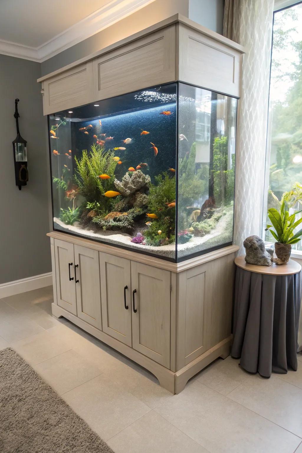 Combined furniture design with a corner fish tank provides useful storage options.