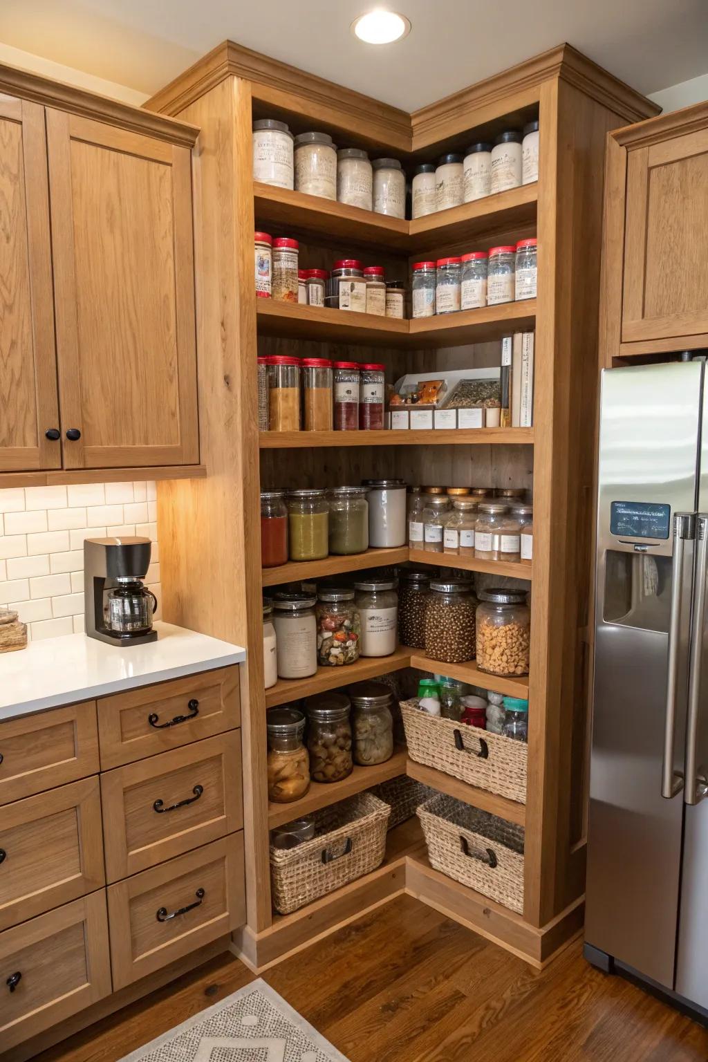 A corner storage area maximizes storage while preserving a clean appearance.