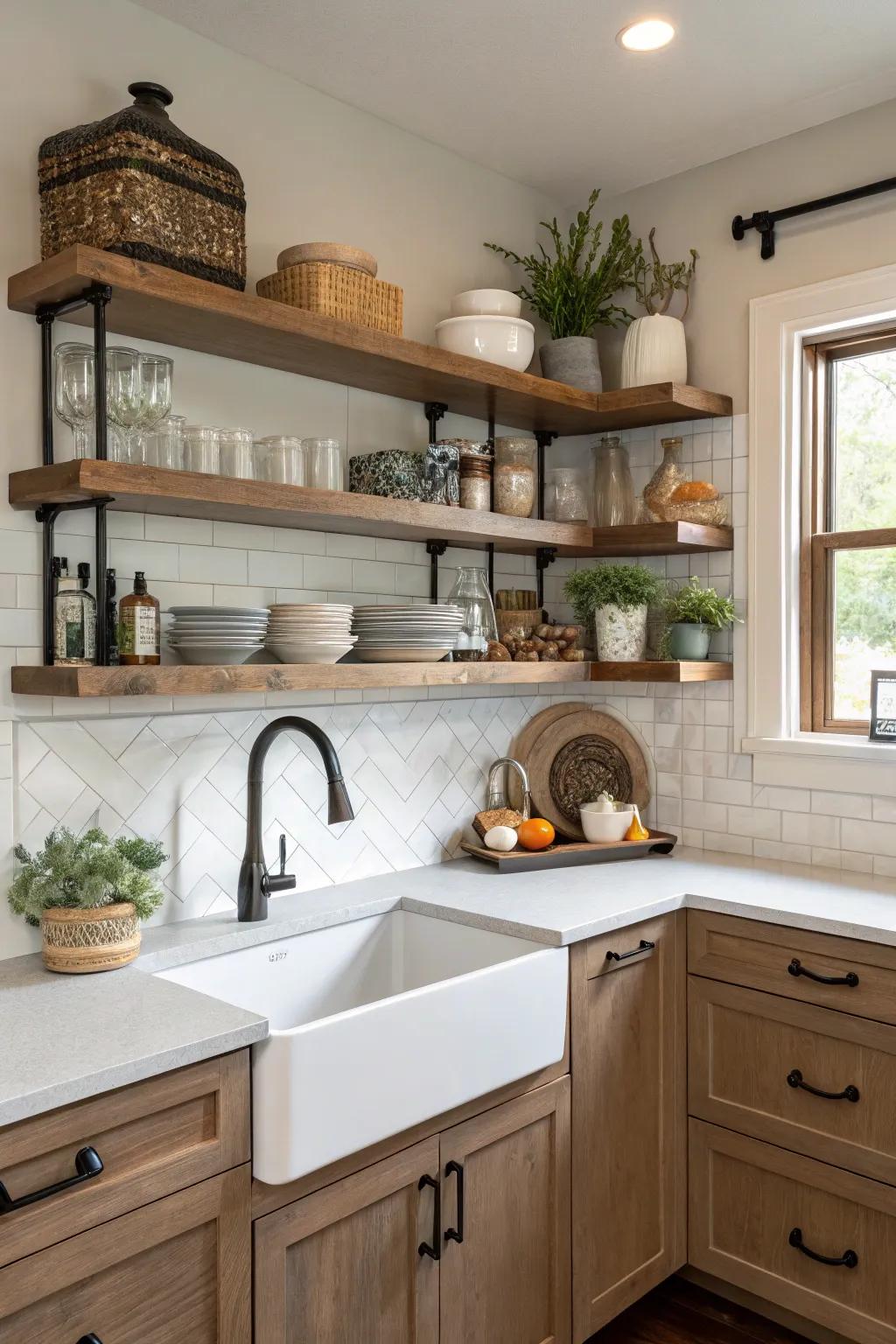 Open shelving above the sink can add both style and practicality to your kitchen.