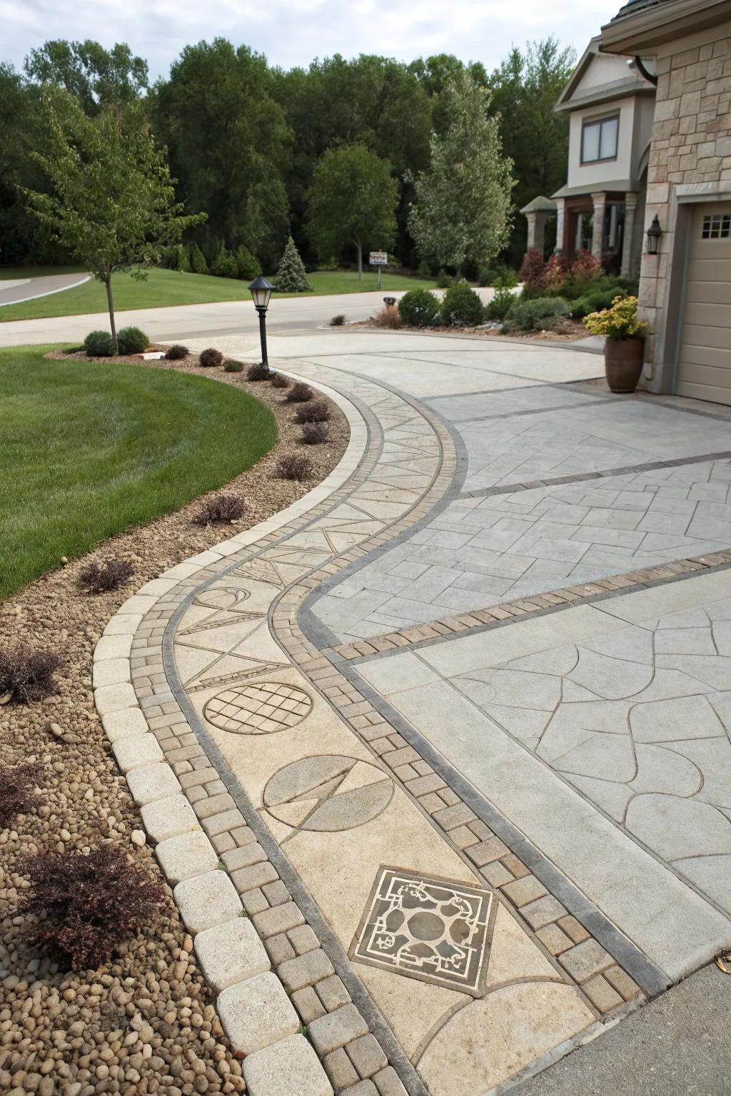 Imaginative stone and concrete textures enhancing driveway aesthetics.