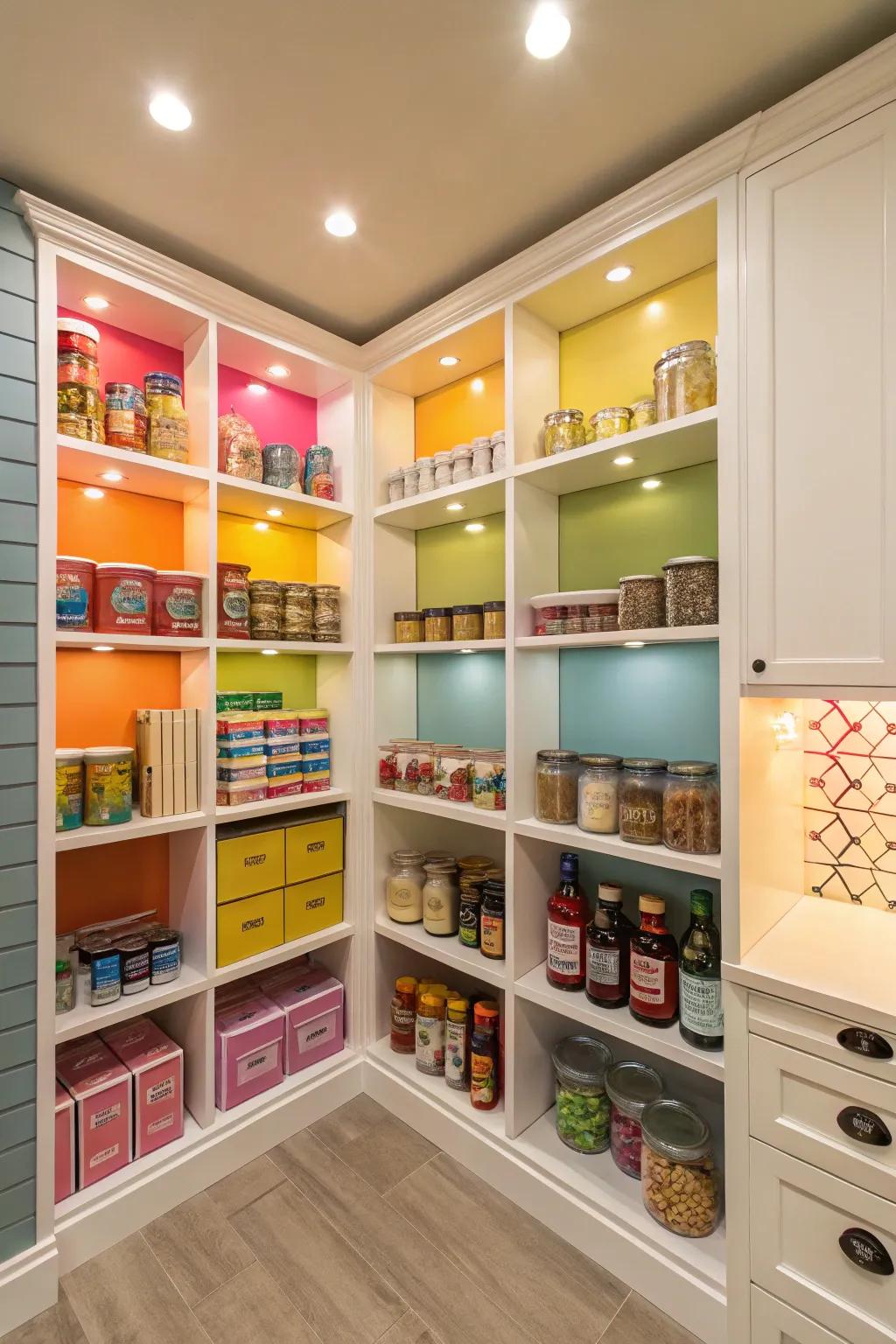 A vibrant corner pantry boasting decorative features.