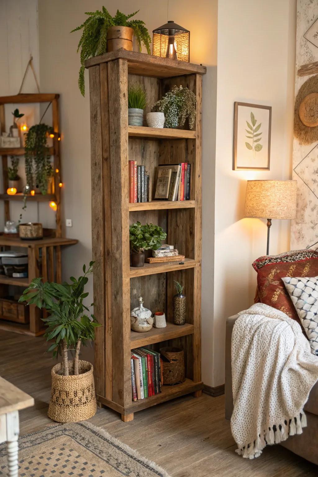 Rustic corner shelves with reclaimed wood in a cozy room.