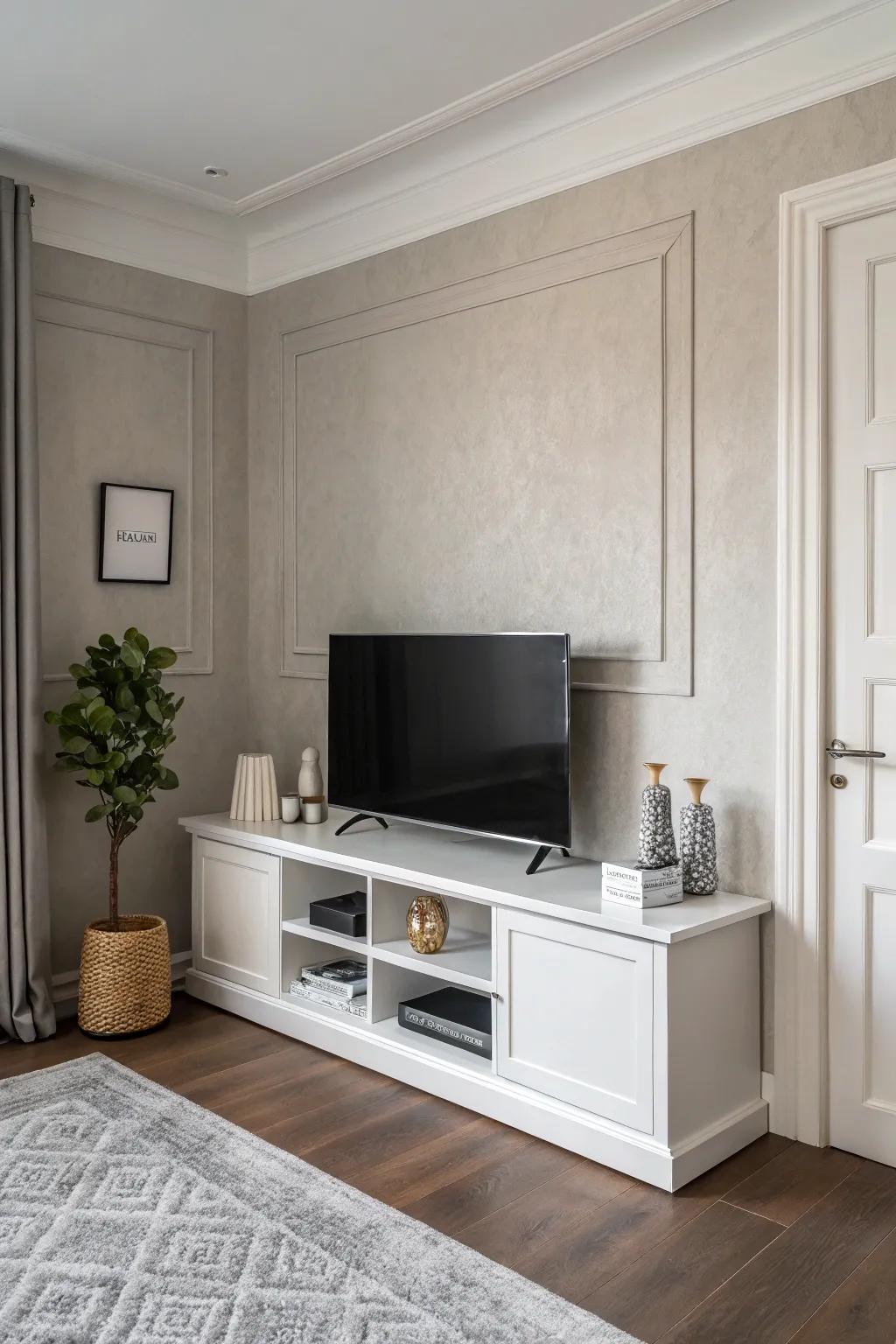 A minimalist approach creates a serene and uncluttered corner TV space.